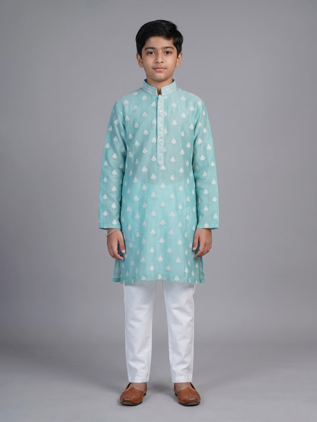 Sky blue floral embroidered boys kurta suit