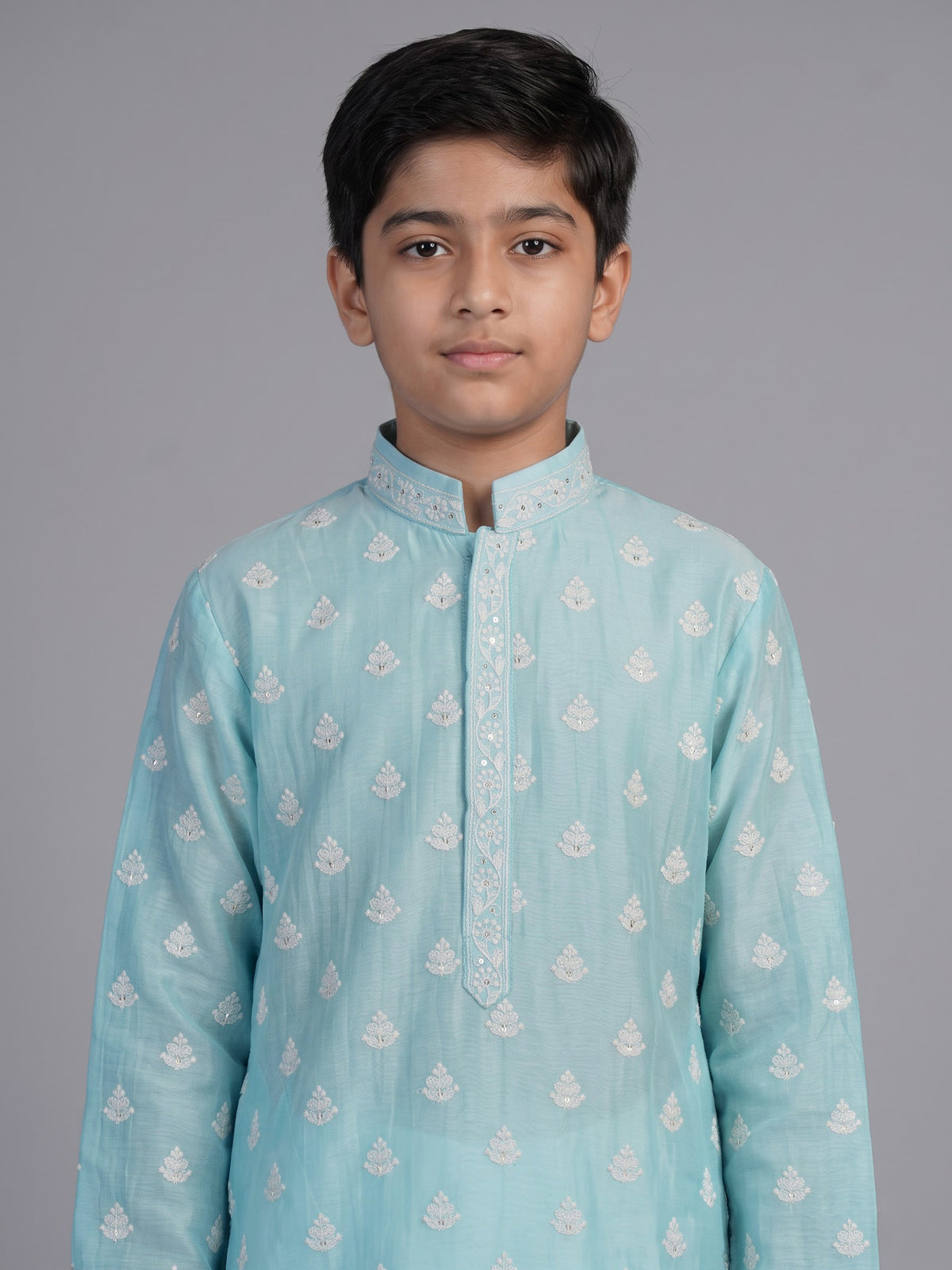 Sky blue floral embroidered boys kurta suit