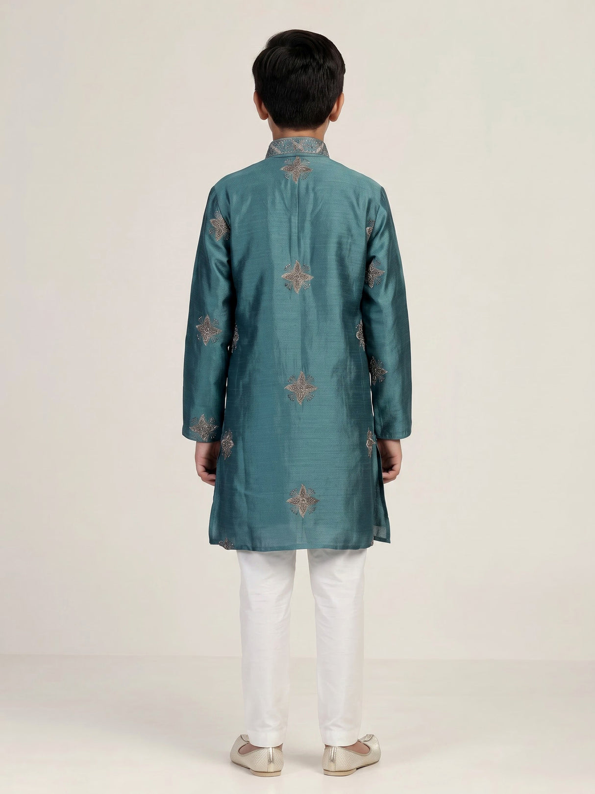 Deep teal blue starburst embroidered boys kurta suit