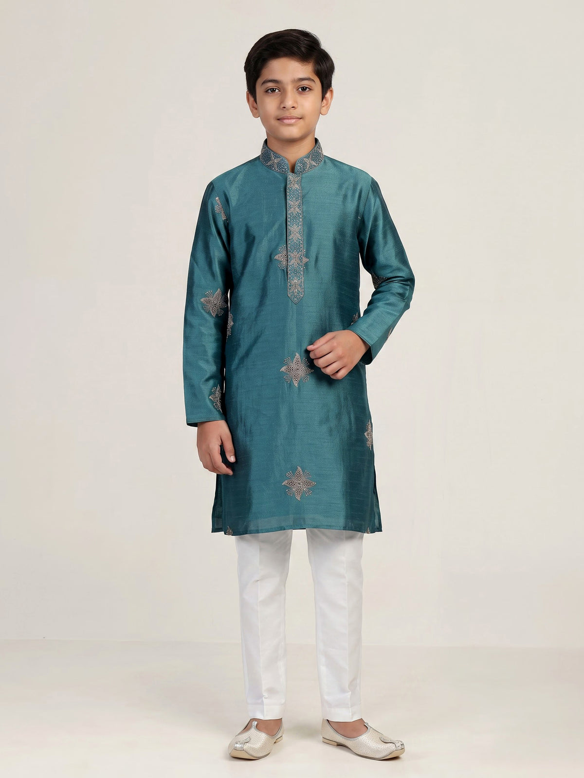 Deep teal blue starburst embroidered boys kurta suit