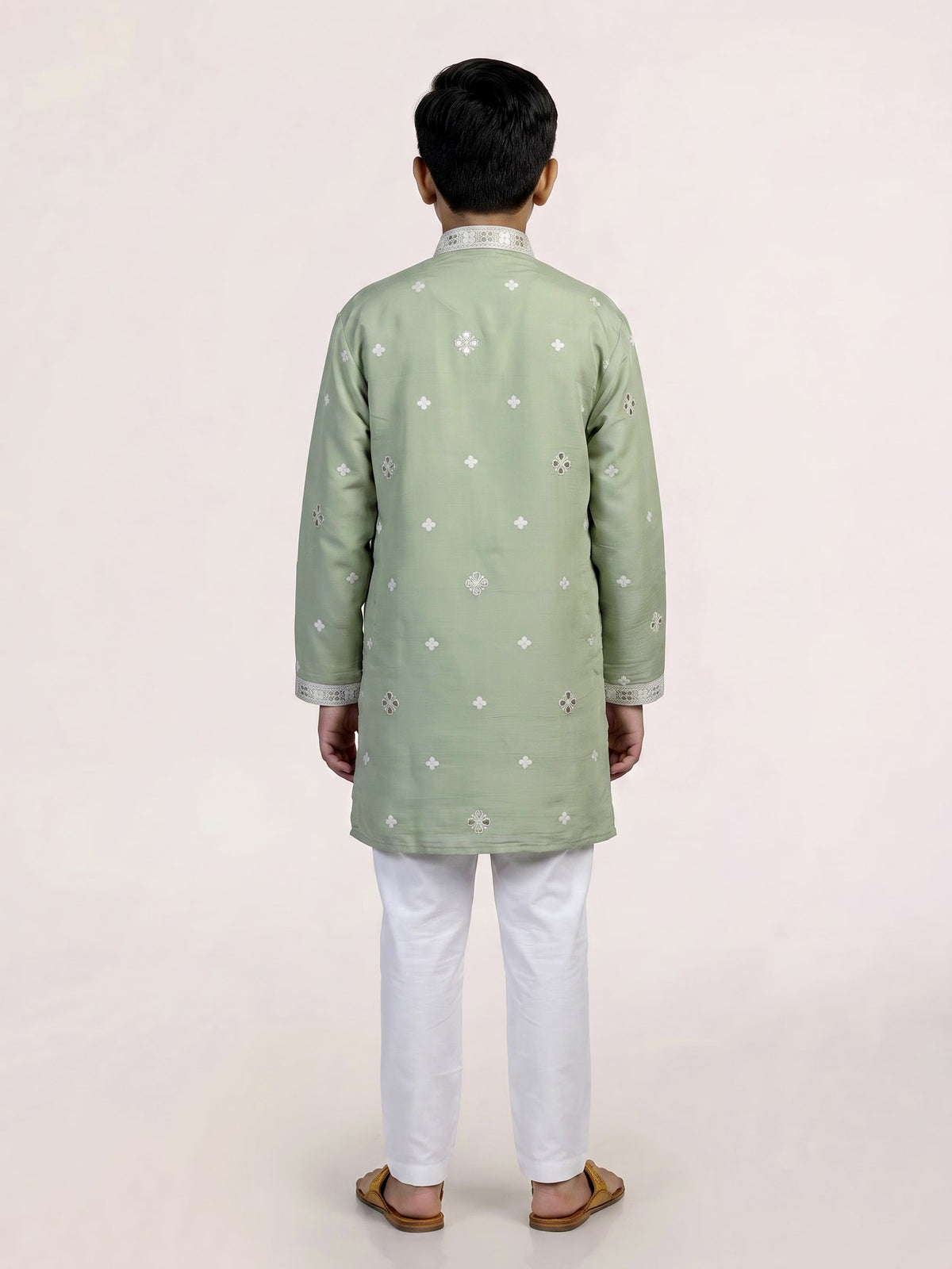 Pista green peacock embroidered boys kurta suit