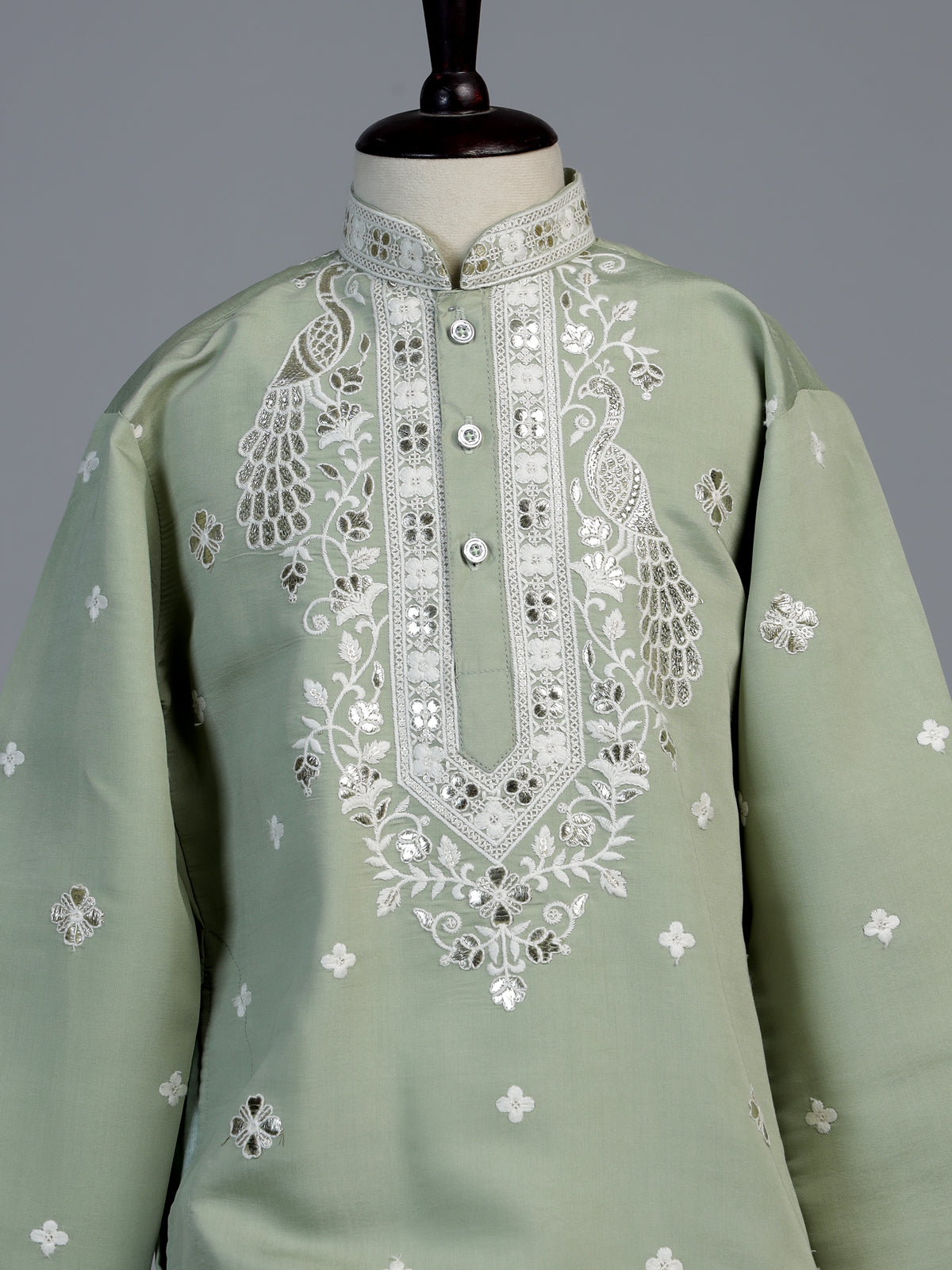 Pista green peacock embroidered boys kurta suit