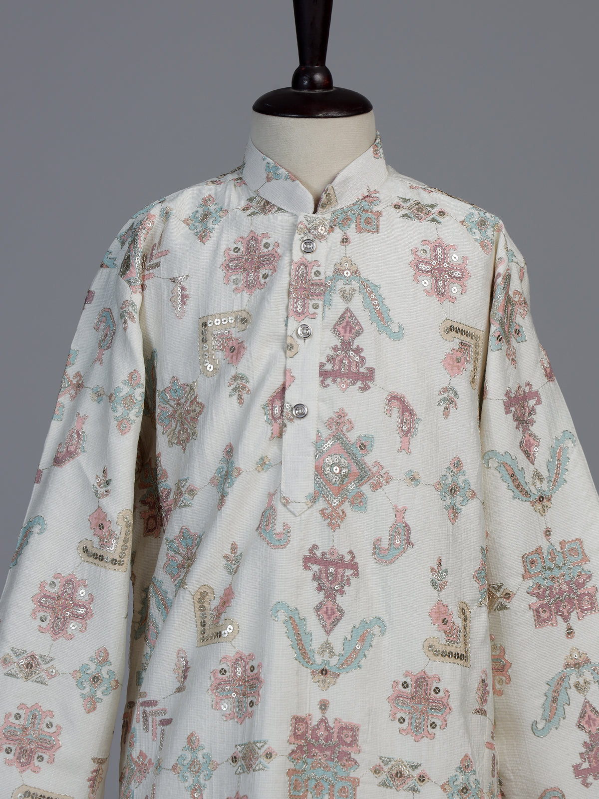 Cream mughal print boys kurta suit