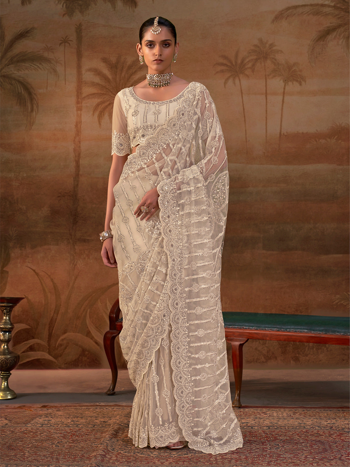 Beige net womens embellished saree with unstitched blouse