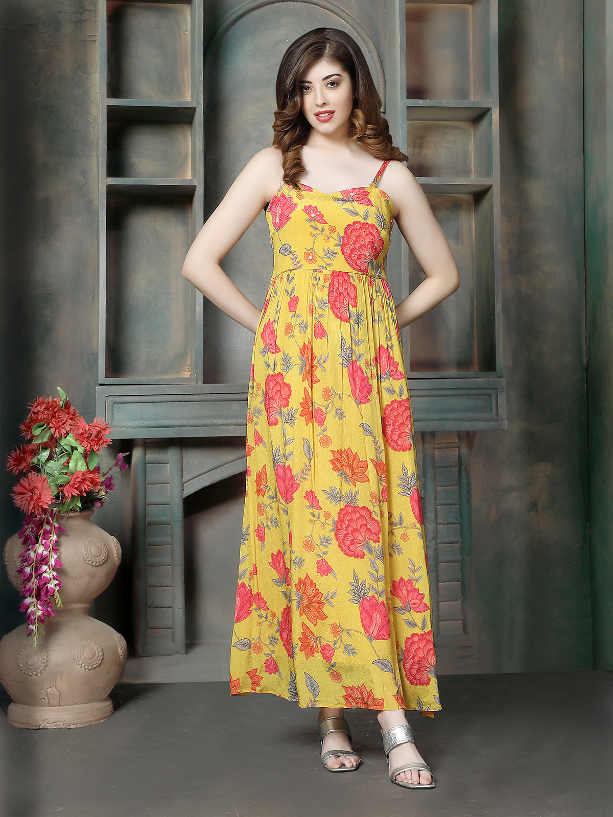 Sunflower yellow peony printed women maxi dress