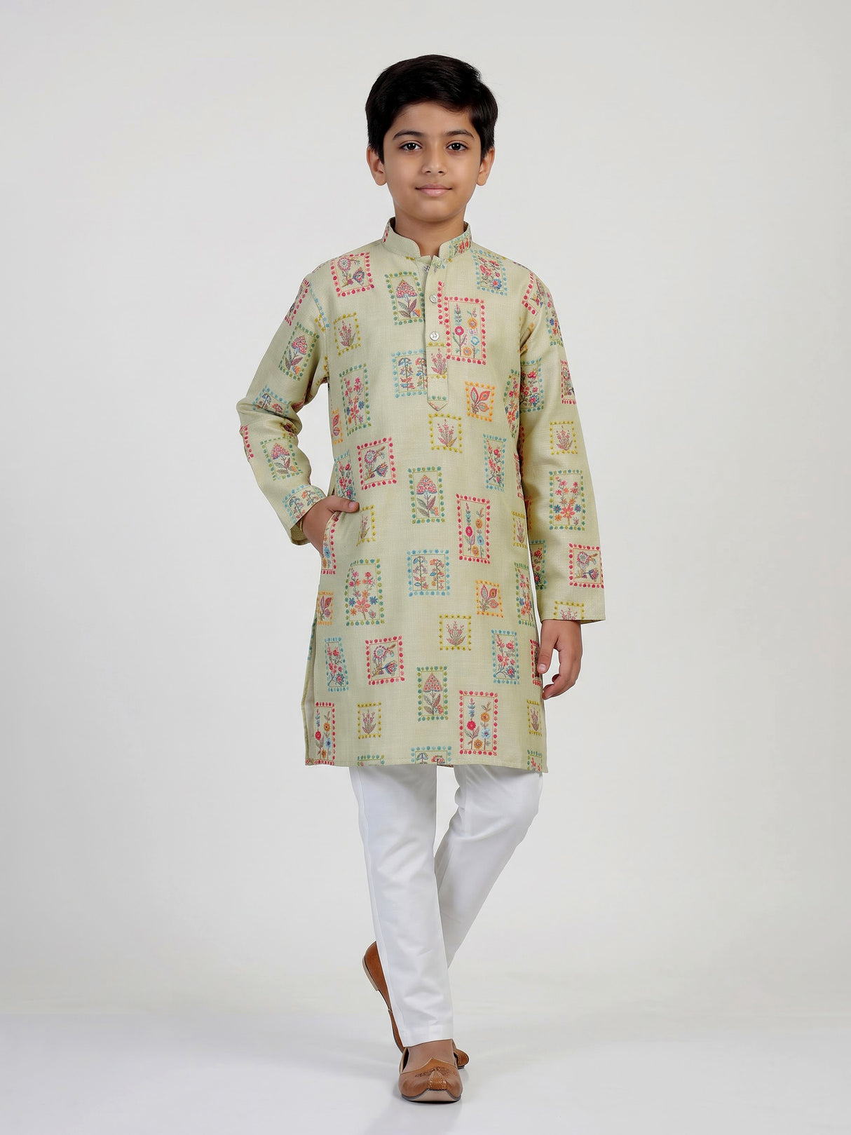 Light mehendi botanical tile boys kurta suit