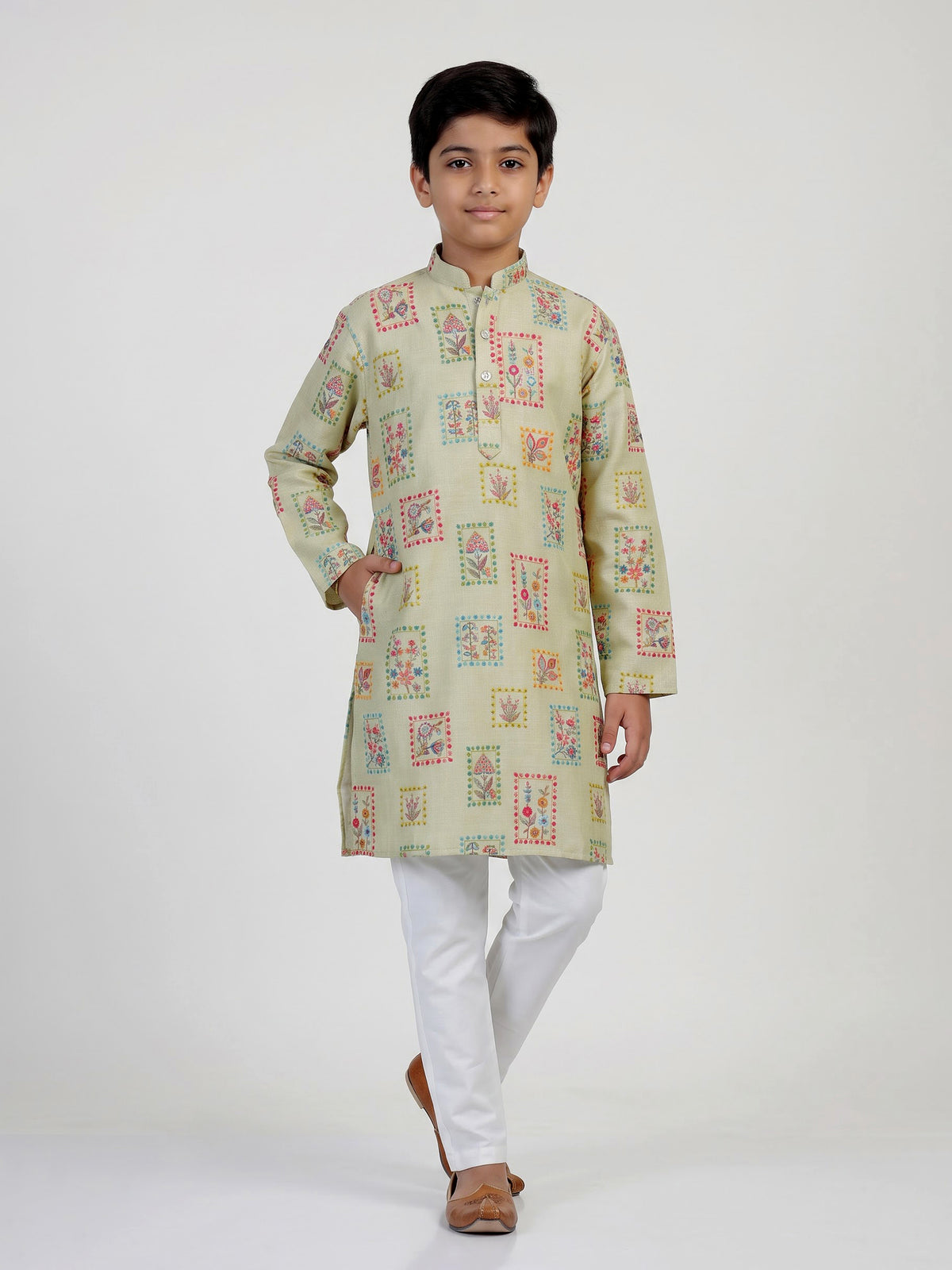 Light mehendi botanical tile boys kurta suit