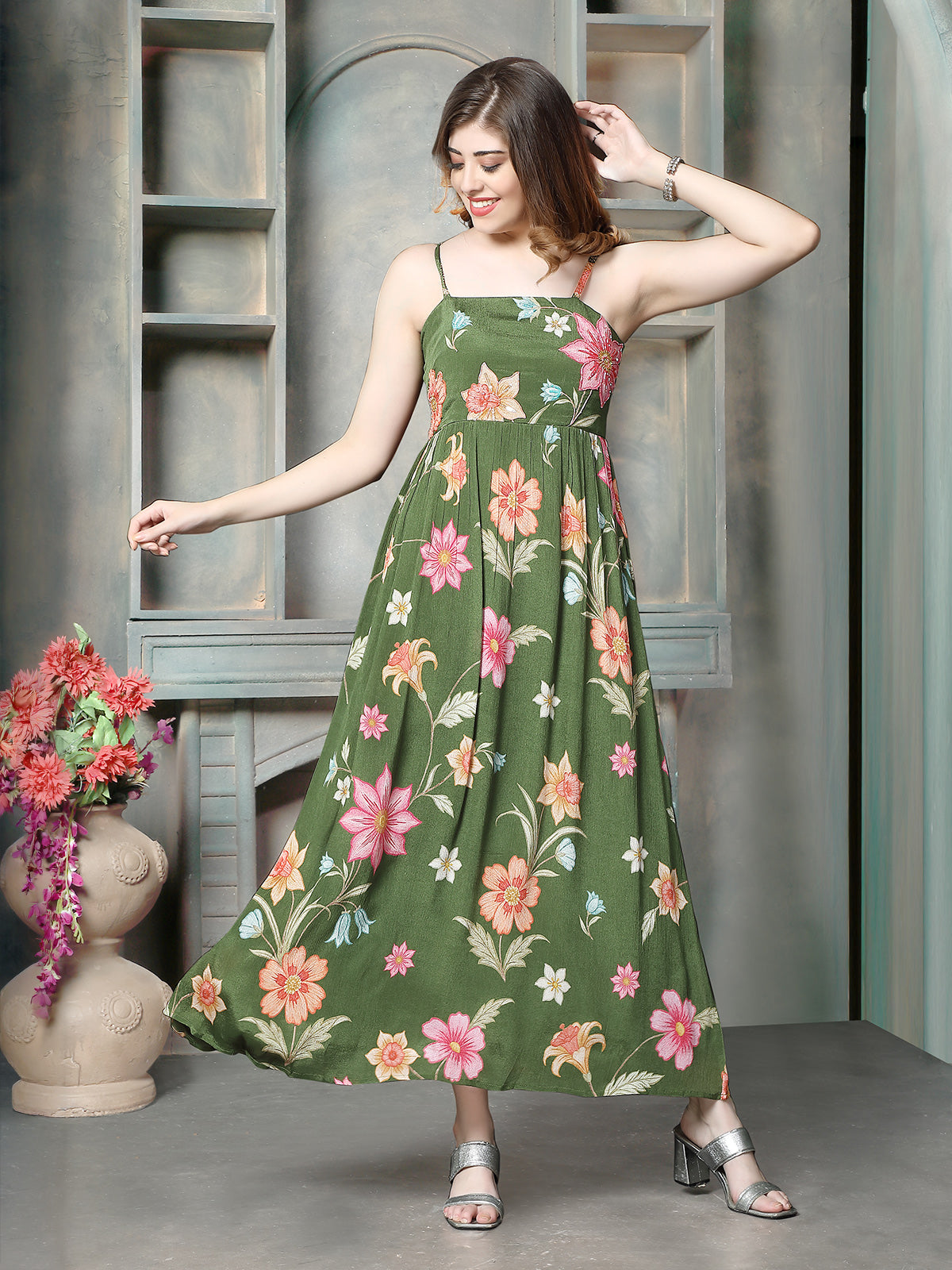 Moss olive floral printed women maxi dress