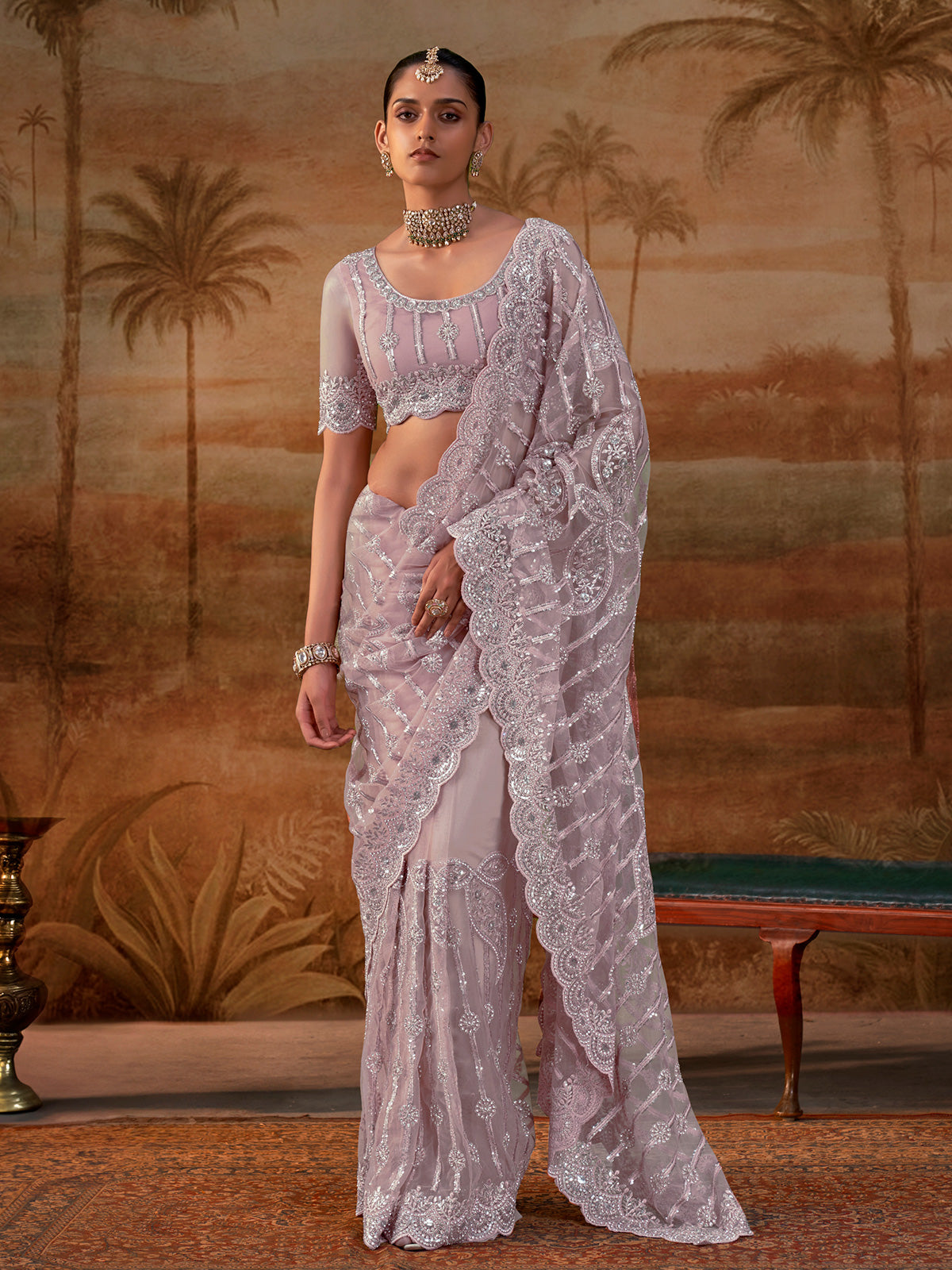 Lavender net womens embellished saree with unstitched blouse