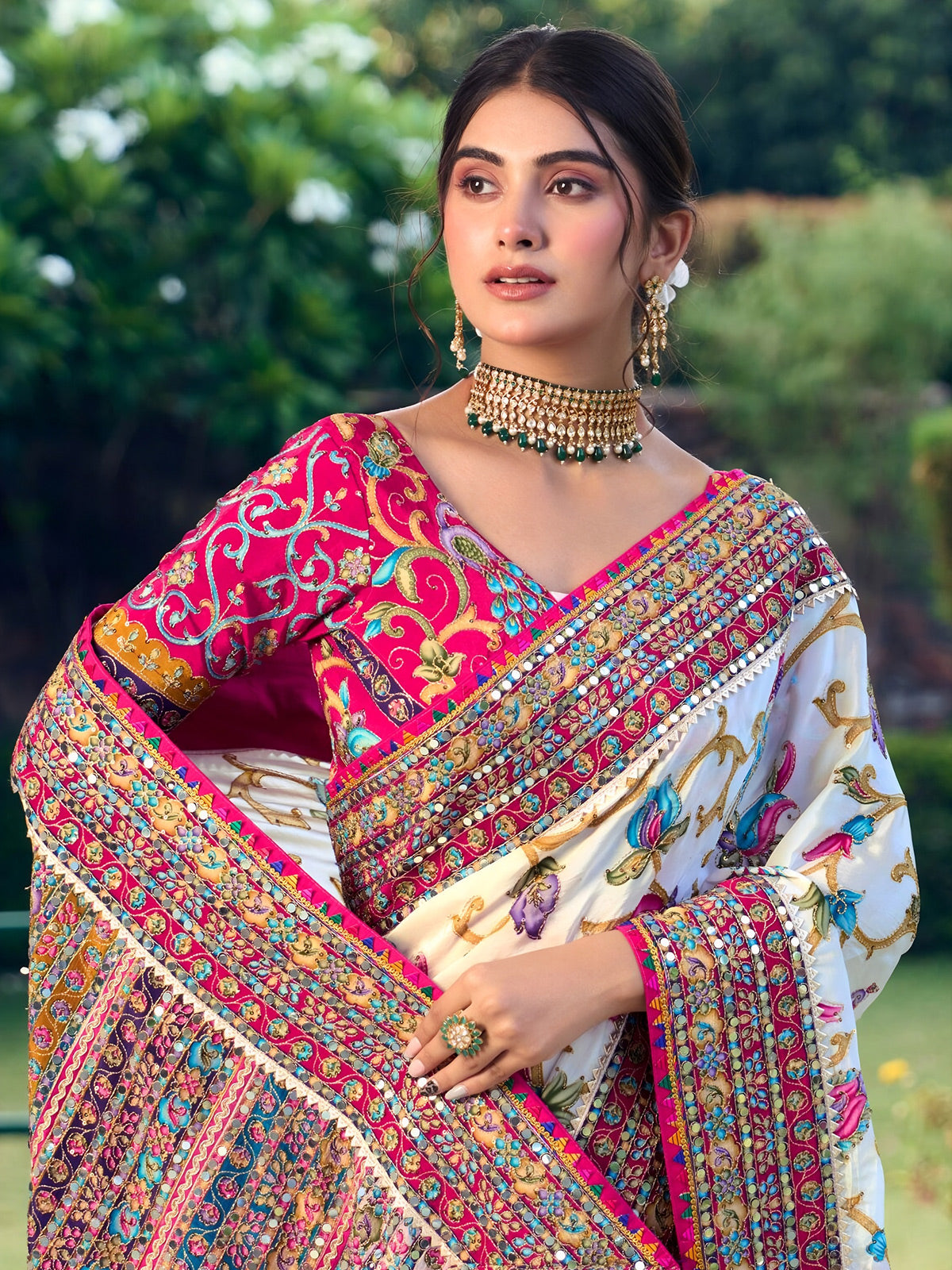 Cream crepe silk women floral garden saree