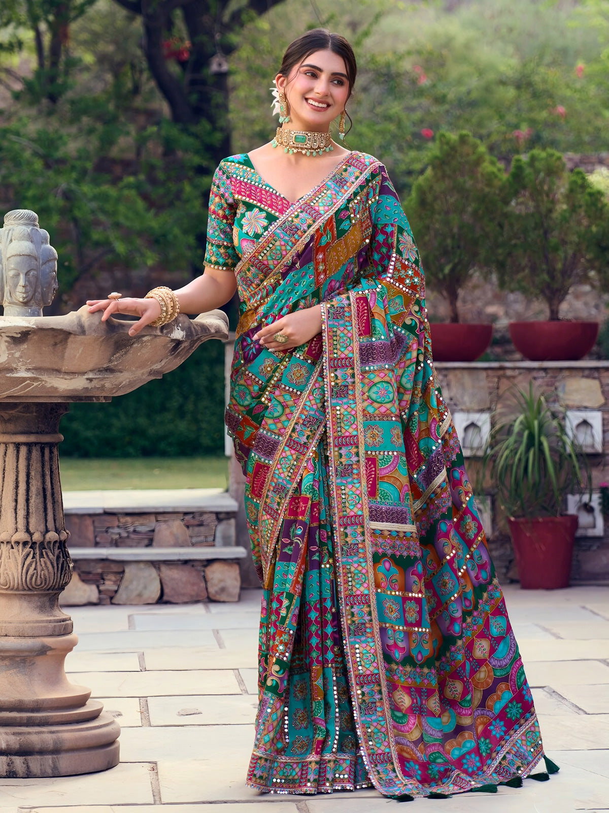 Multicolor crepe silk women mughal mosaic saree