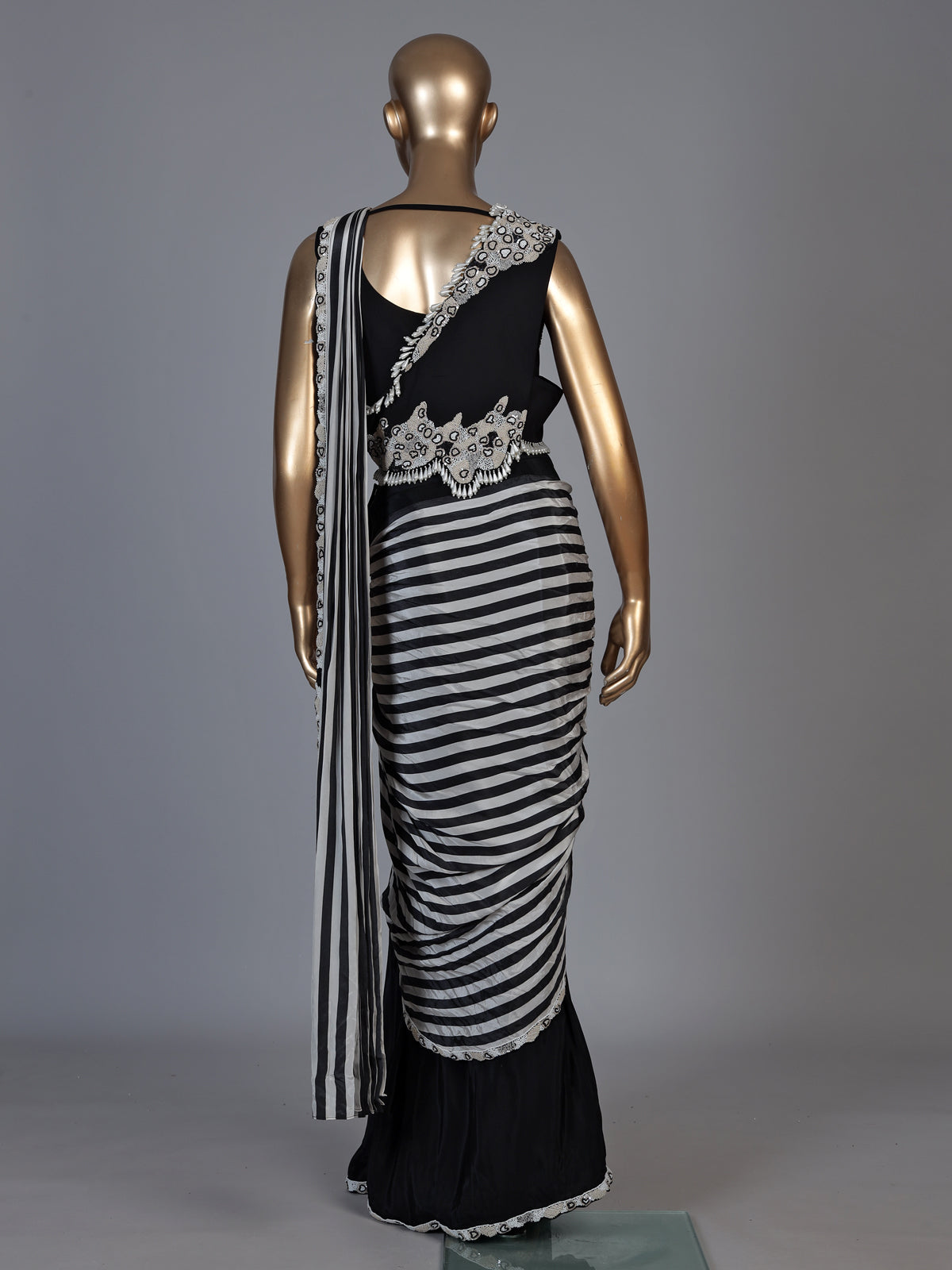 Black pearl fringe ready to wear saree for women