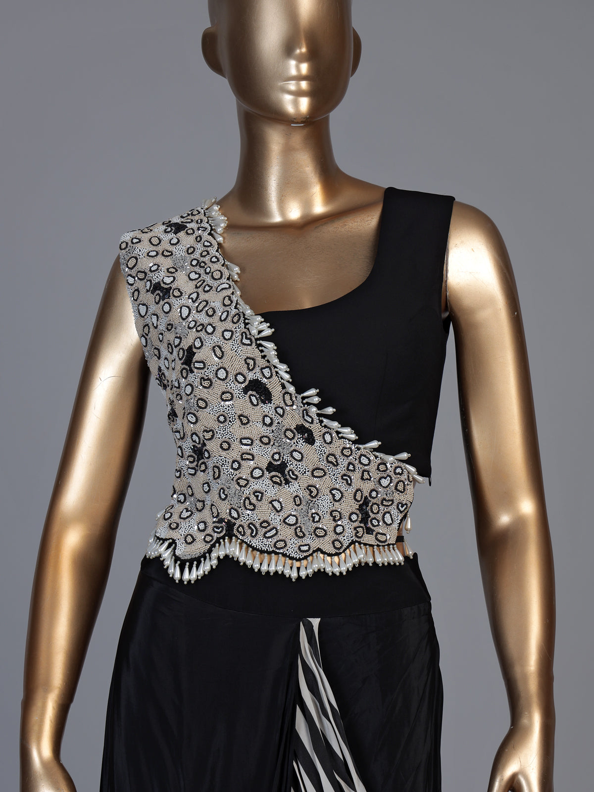 Black pearl fringe ready to wear saree for women