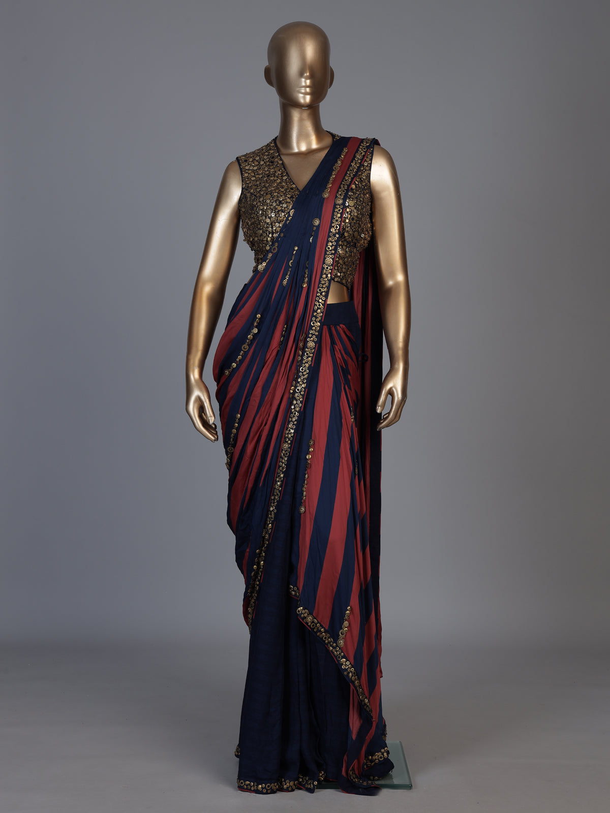 Rust blue striped ready to wear saree for women