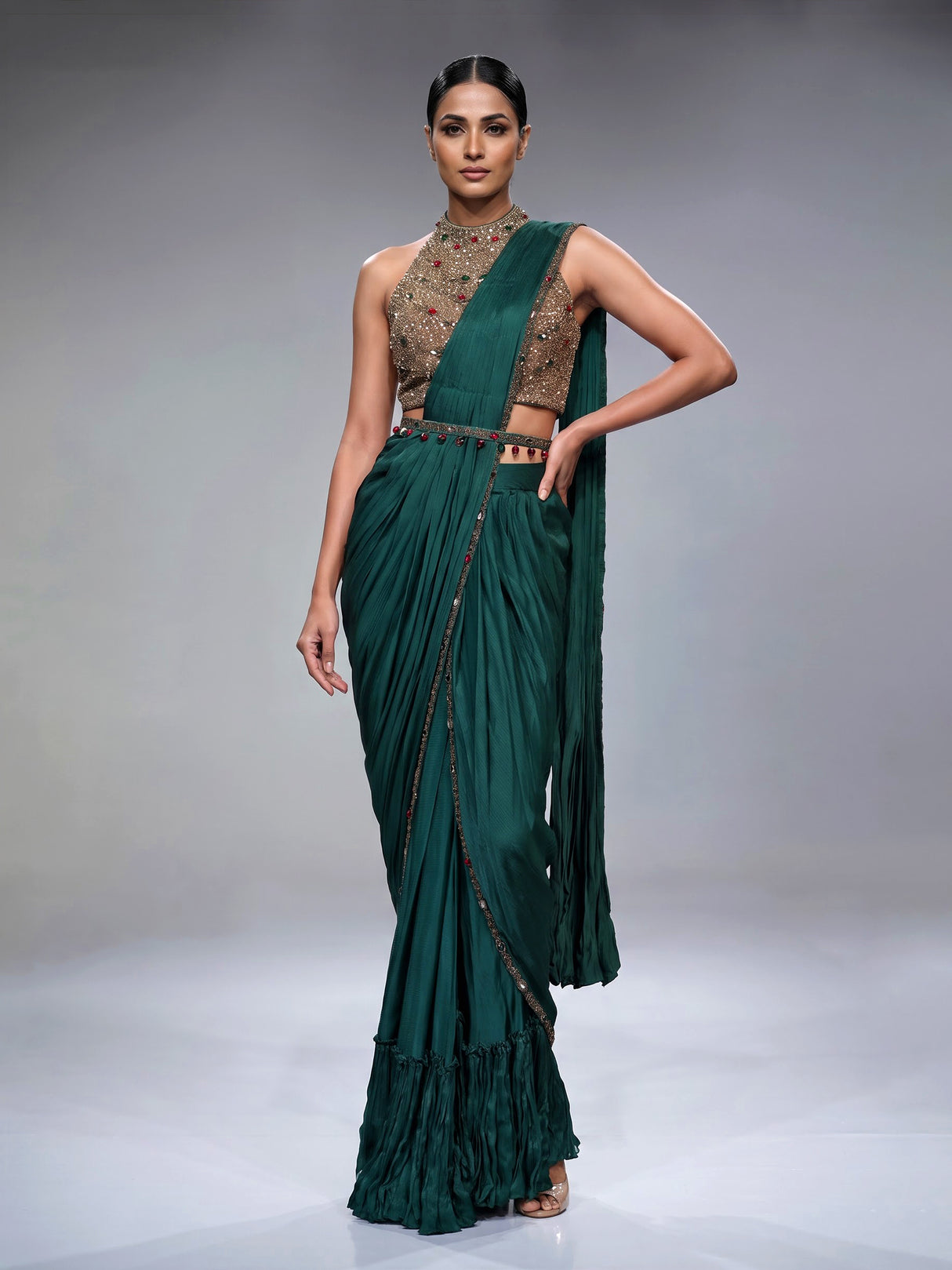 Bottle green embellished belt ready to wear saree for women