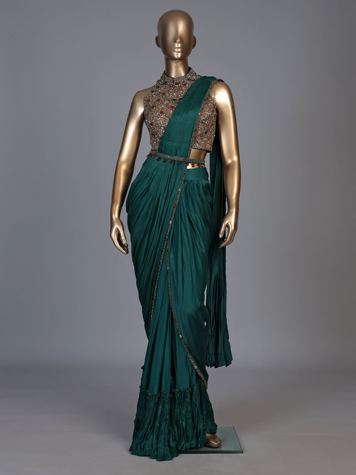 Bottle green embellished belt ready to wear saree for women