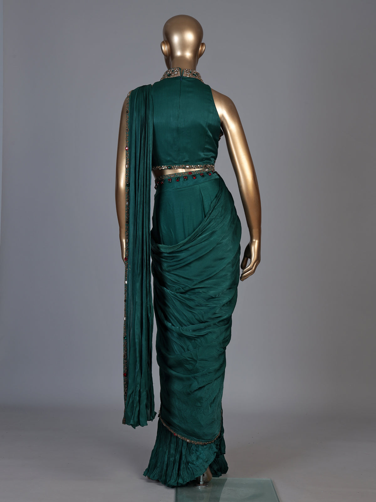 Bottle green embellished belt ready to wear saree for women