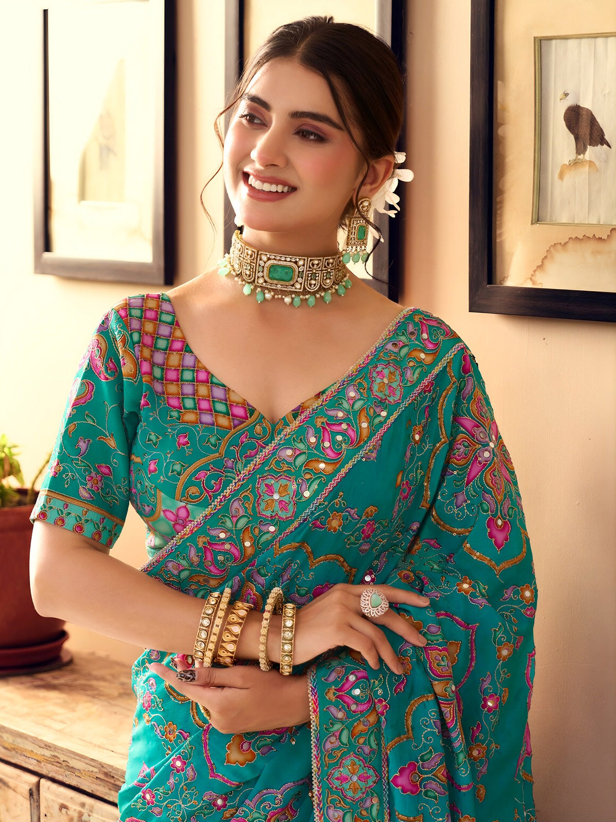 Peacock teal blue crepe silk women jamawar saree