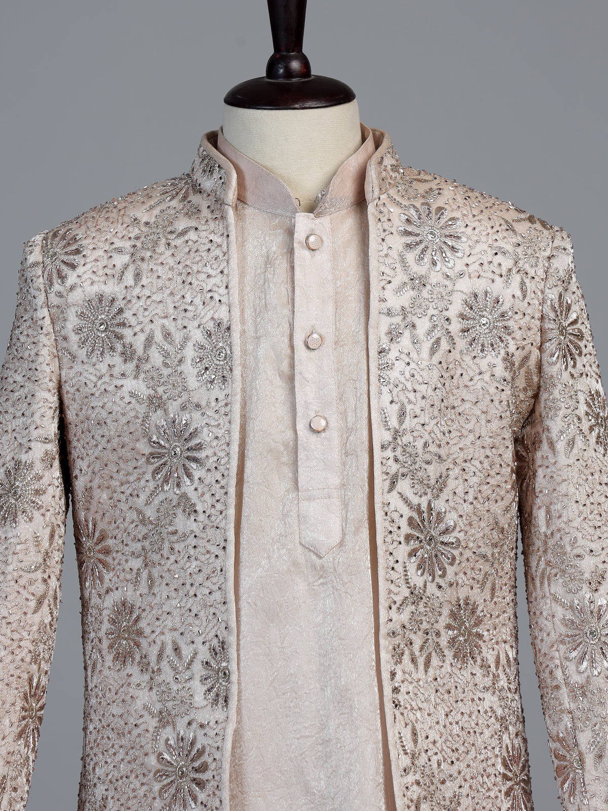 Cream embroidered dupioni silk indo western