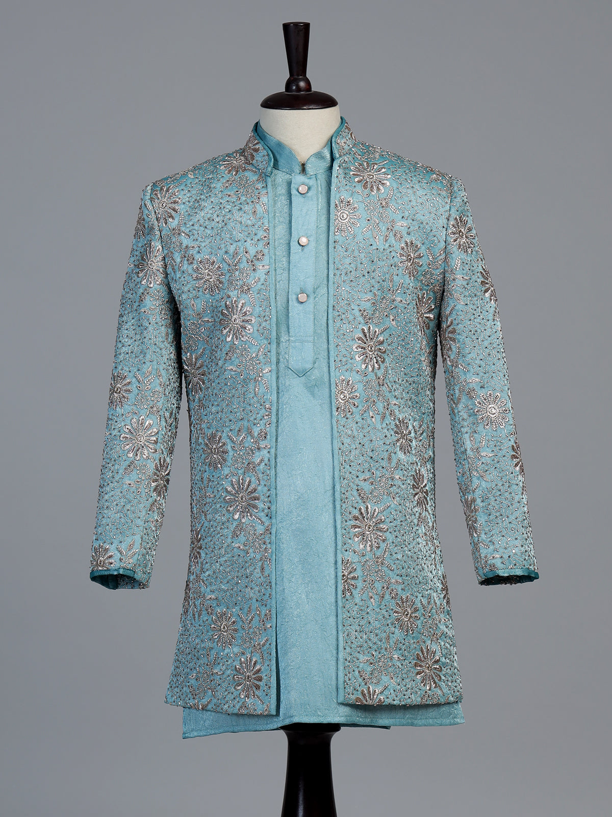 Blue embroidered dupioni silk indo western