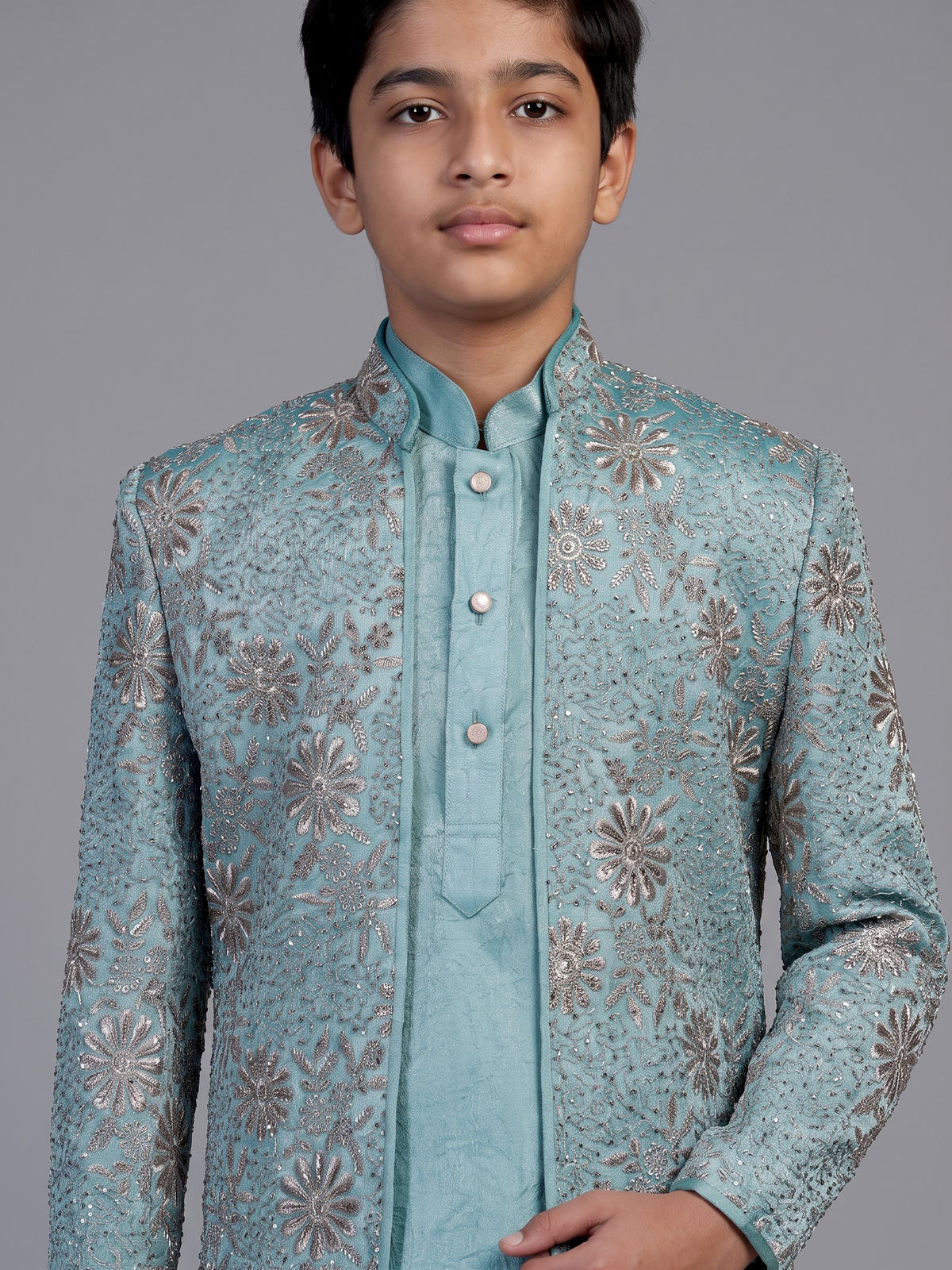 Blue embroidered dupioni silk indo western