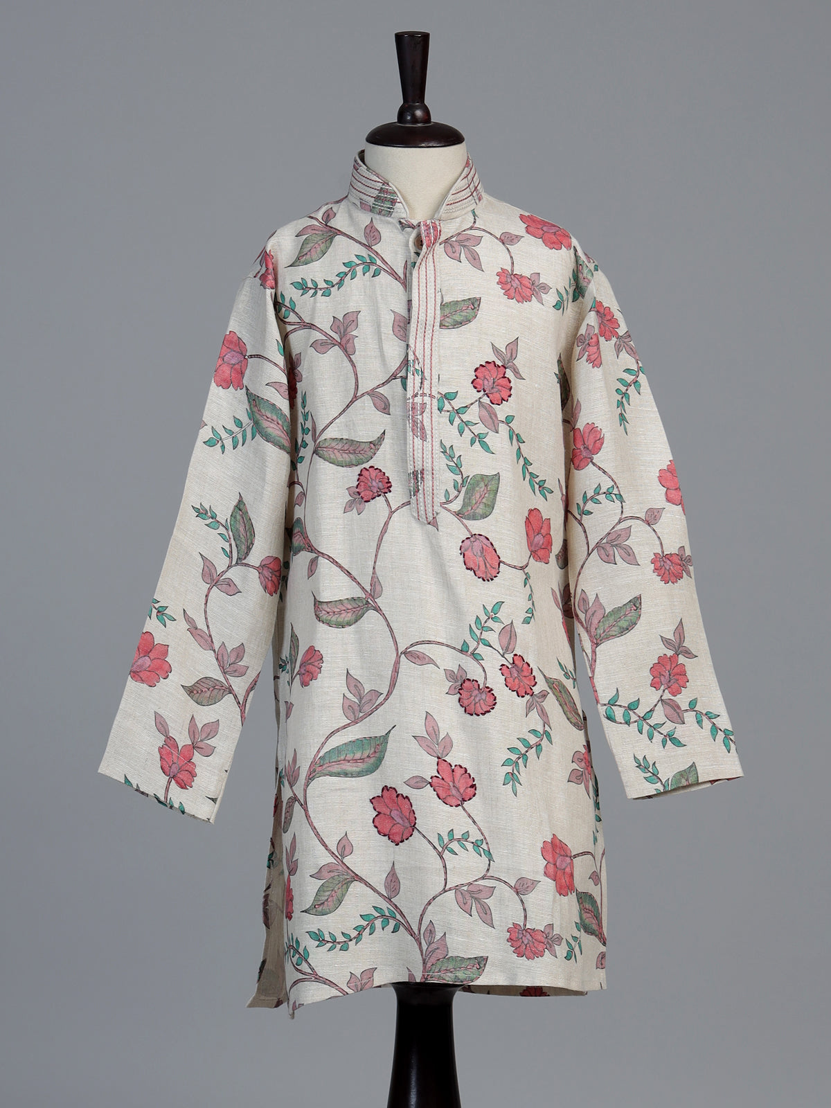 Natural ivory lotus printed linen kurta suit