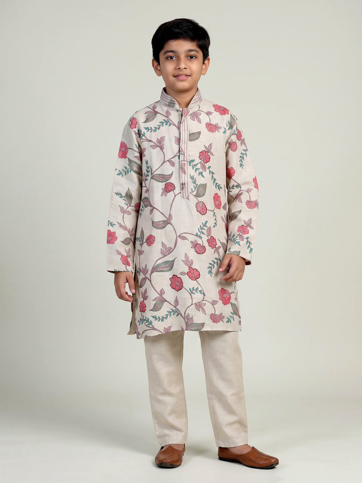Natural ivory lotus printed linen kurta suit