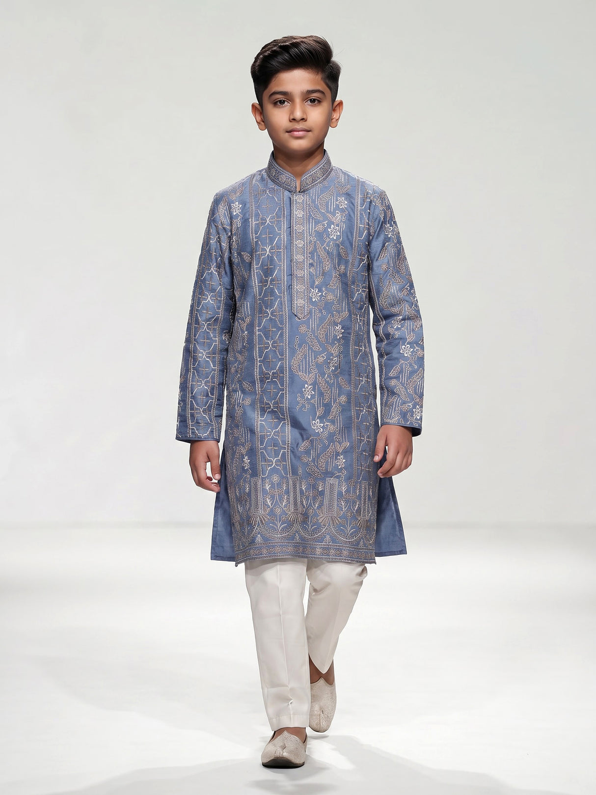 Pastel slate blue botanical dupioni kurta suit