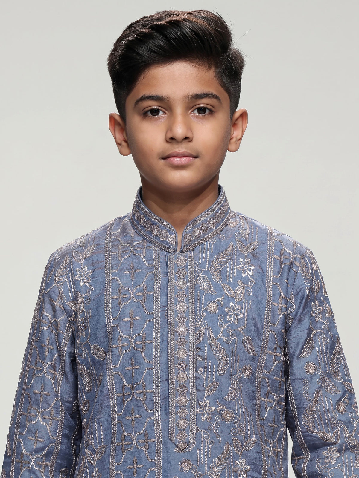 Pastel slate blue botanical dupioni kurta suit