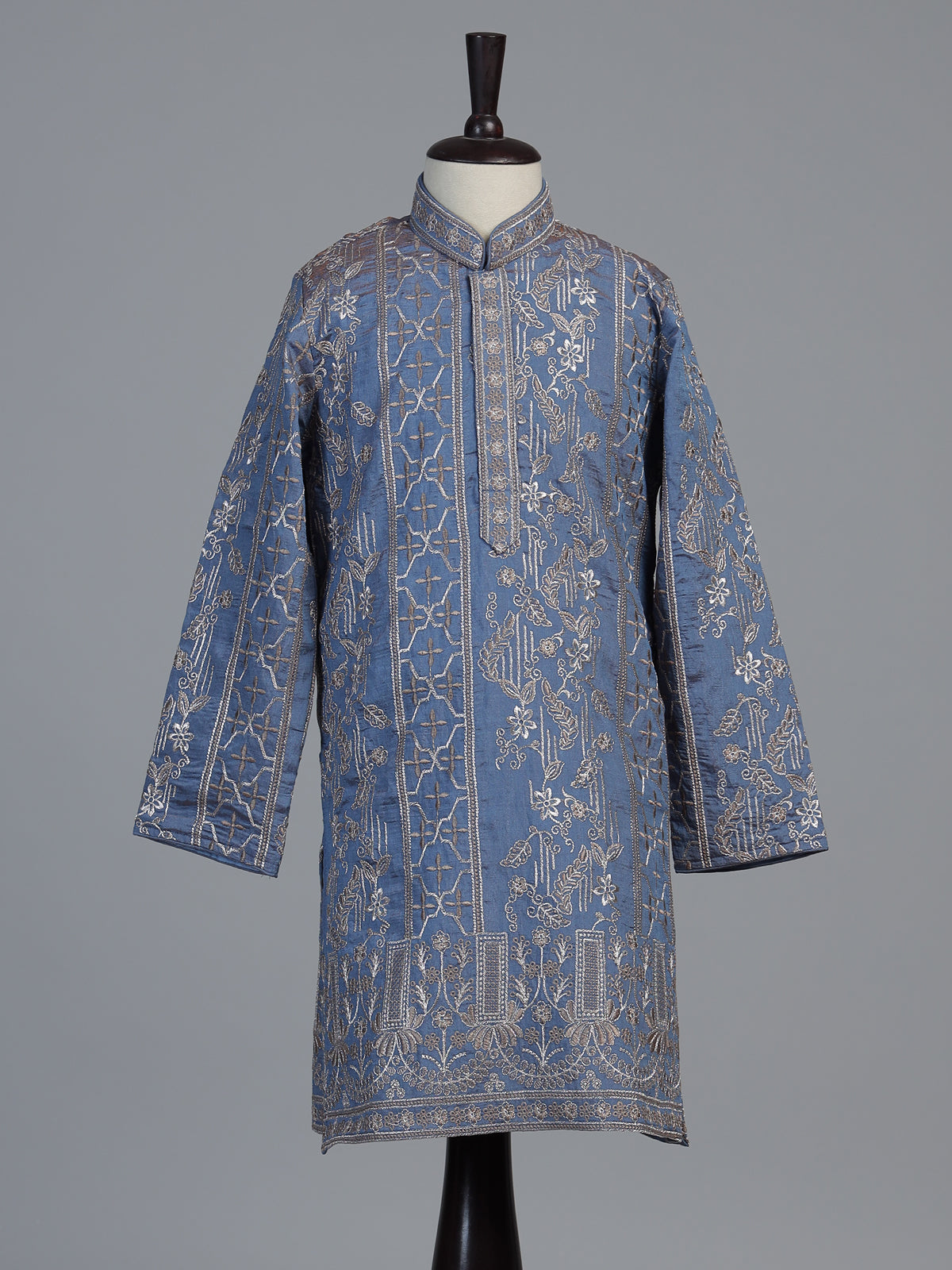 Pastel slate blue botanical dupioni kurta suit