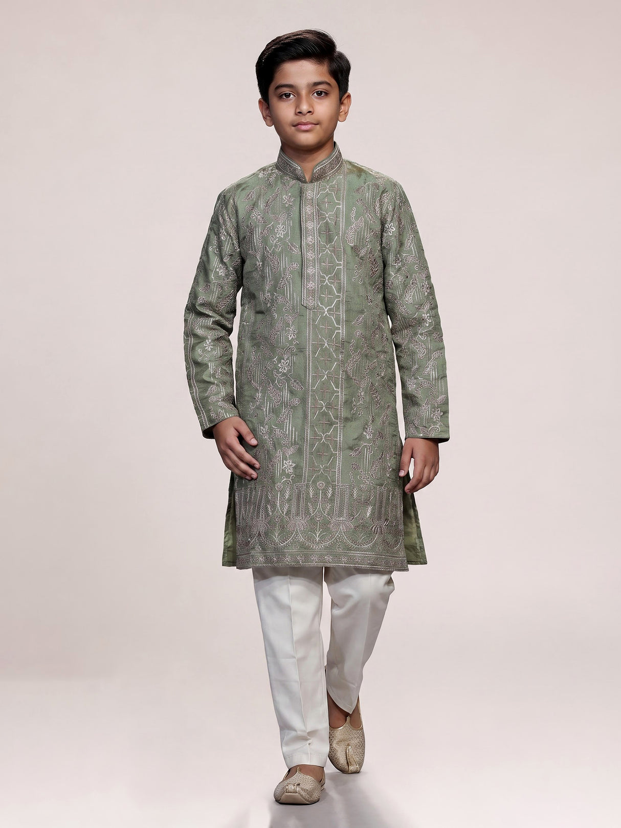 Sage olive botanical embroidered dupioni kurta suit