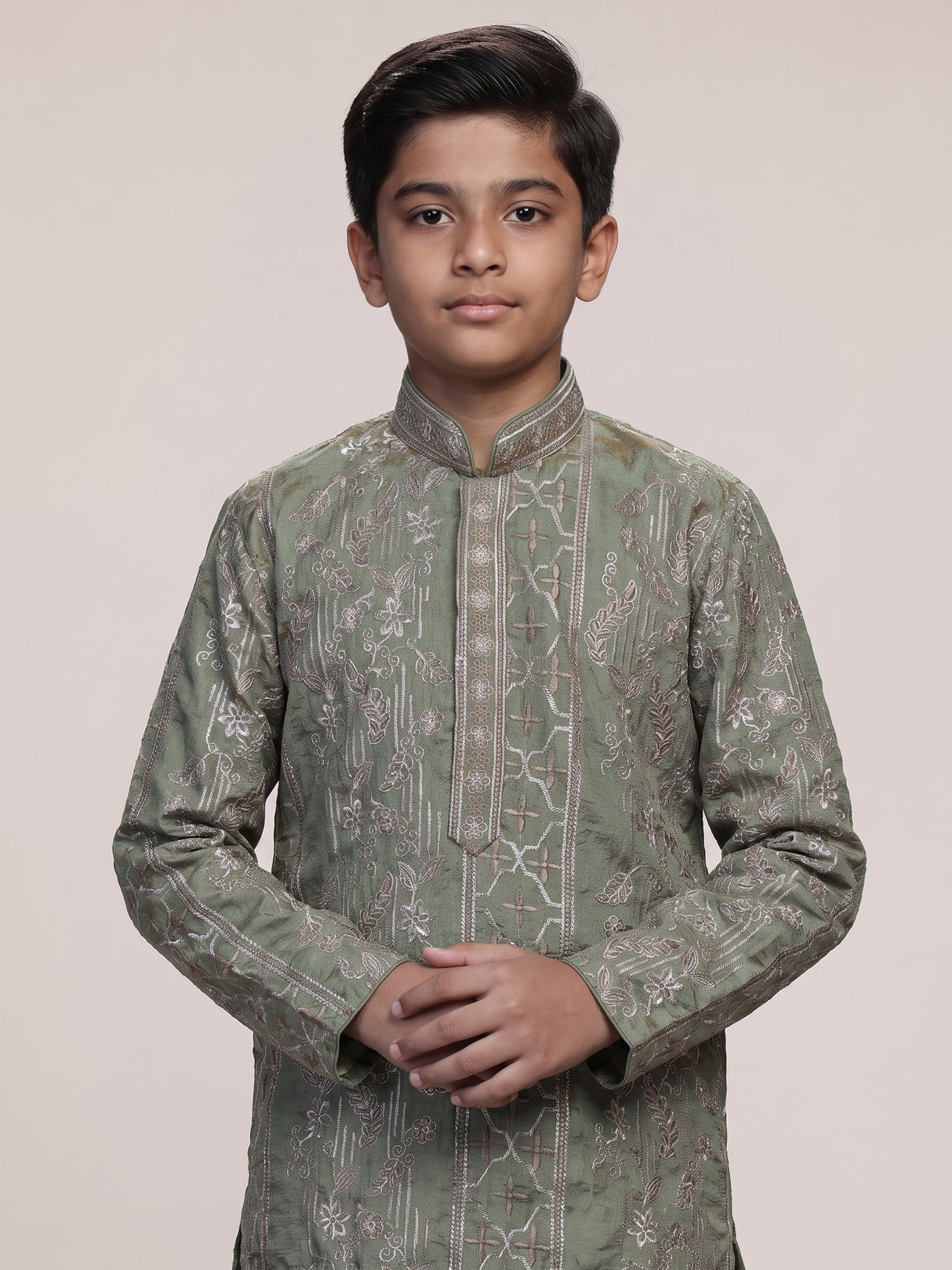 Sage olive botanical embroidered dupioni kurta suit
