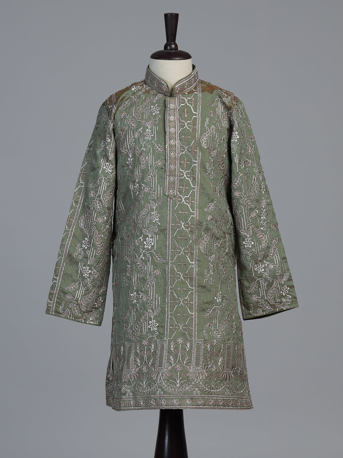 Sage olive botanical embroidered dupioni kurta suit
