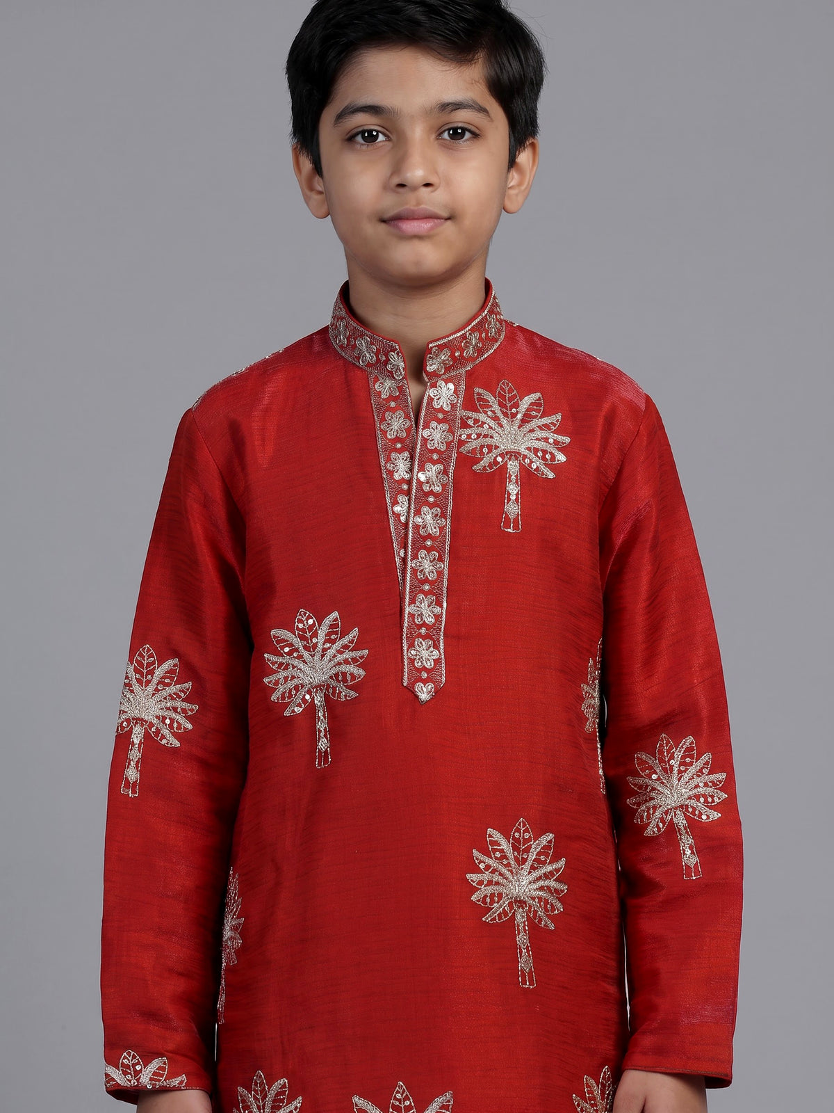 Crimson red palm motif dupioni kurta suit