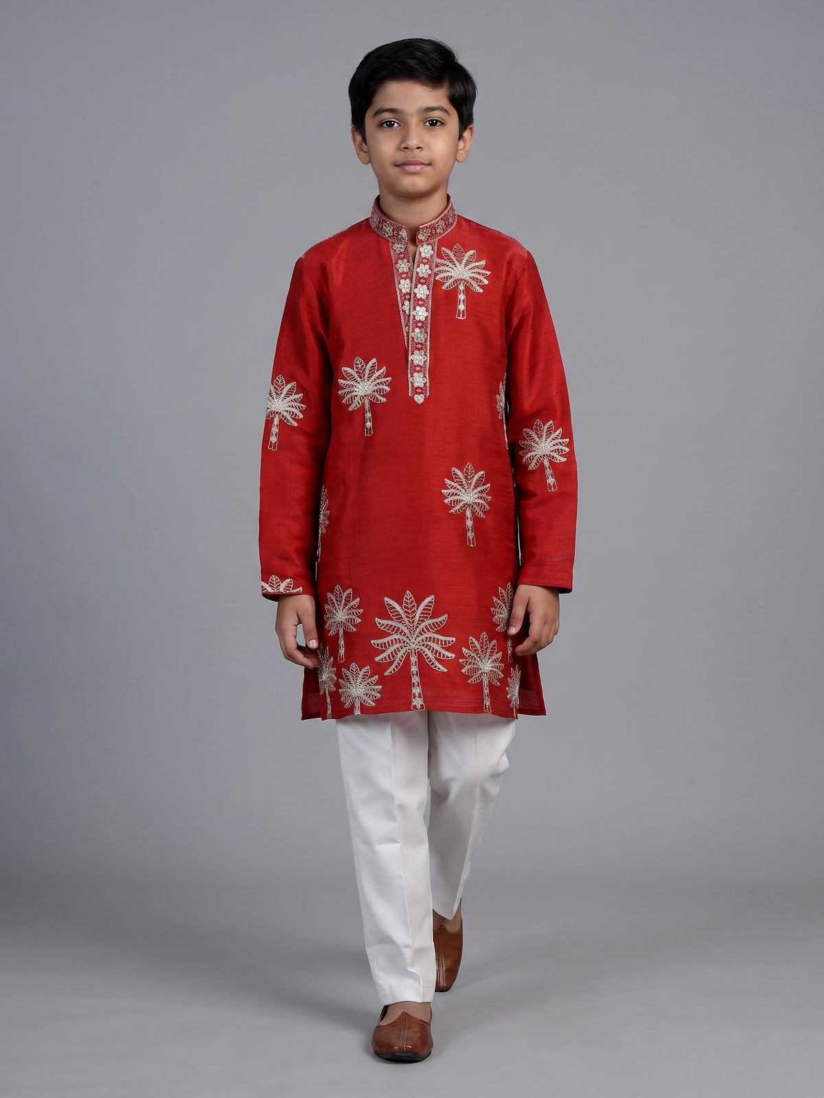 Crimson red palm motif dupioni kurta suit