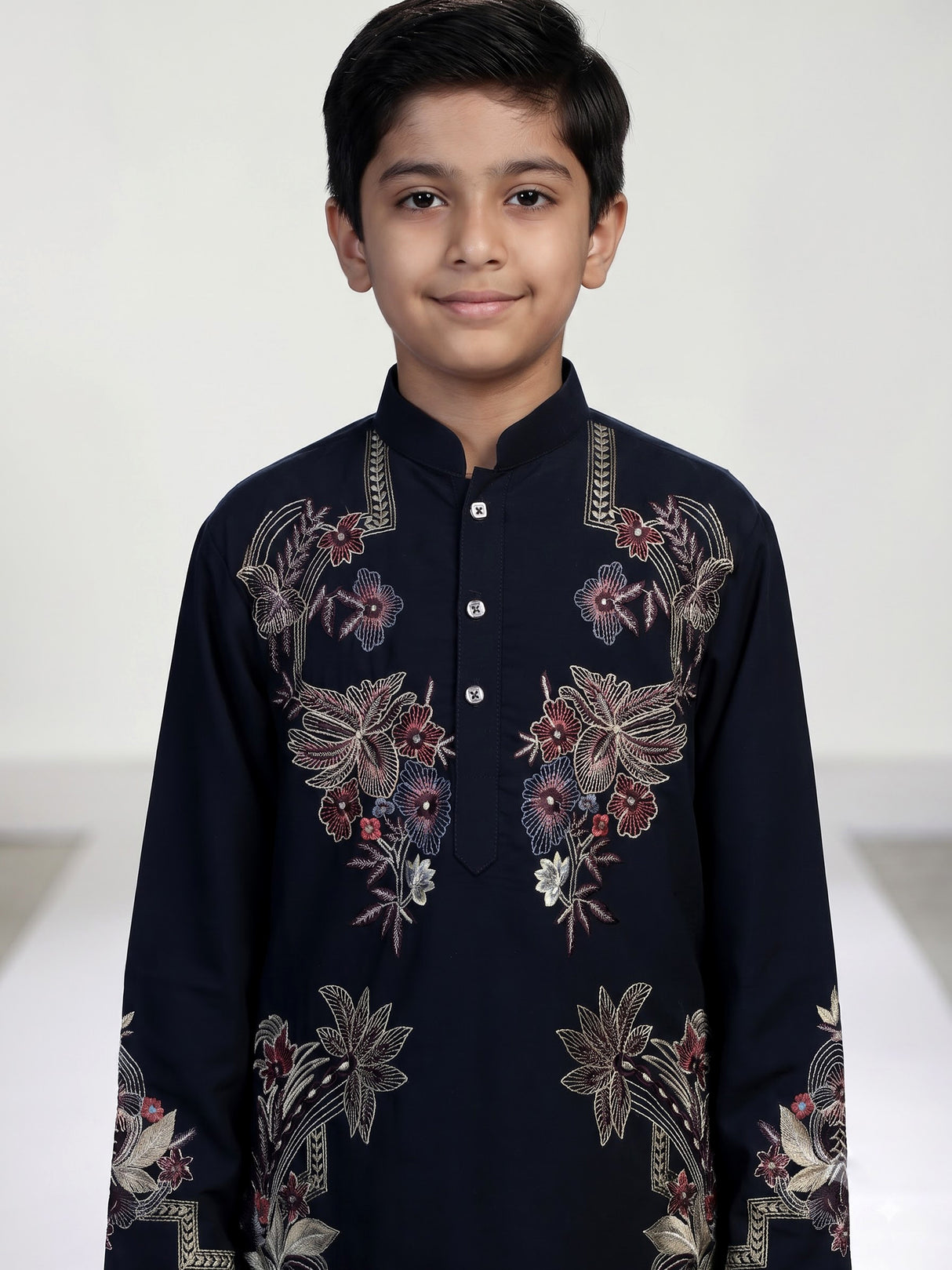 Navy blue floral embroidered dupioni kurta suit