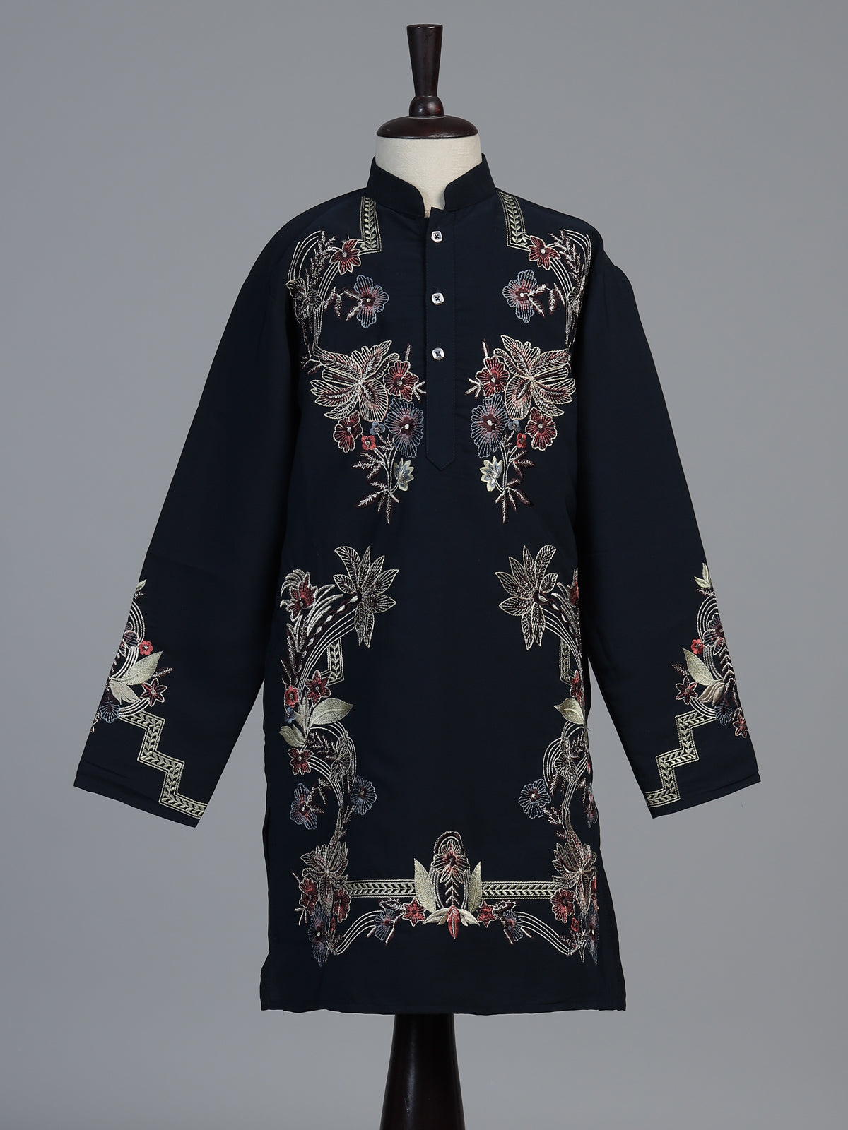 Navy blue floral embroidered dupioni kurta suit