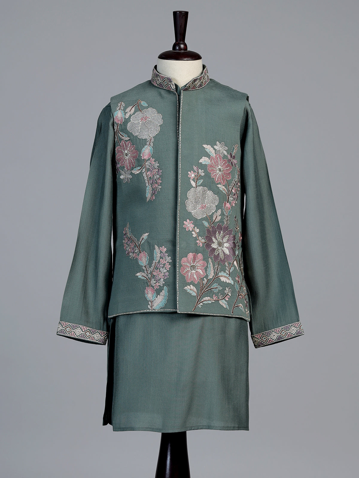 Sage green geometric linen silk waistcoat set