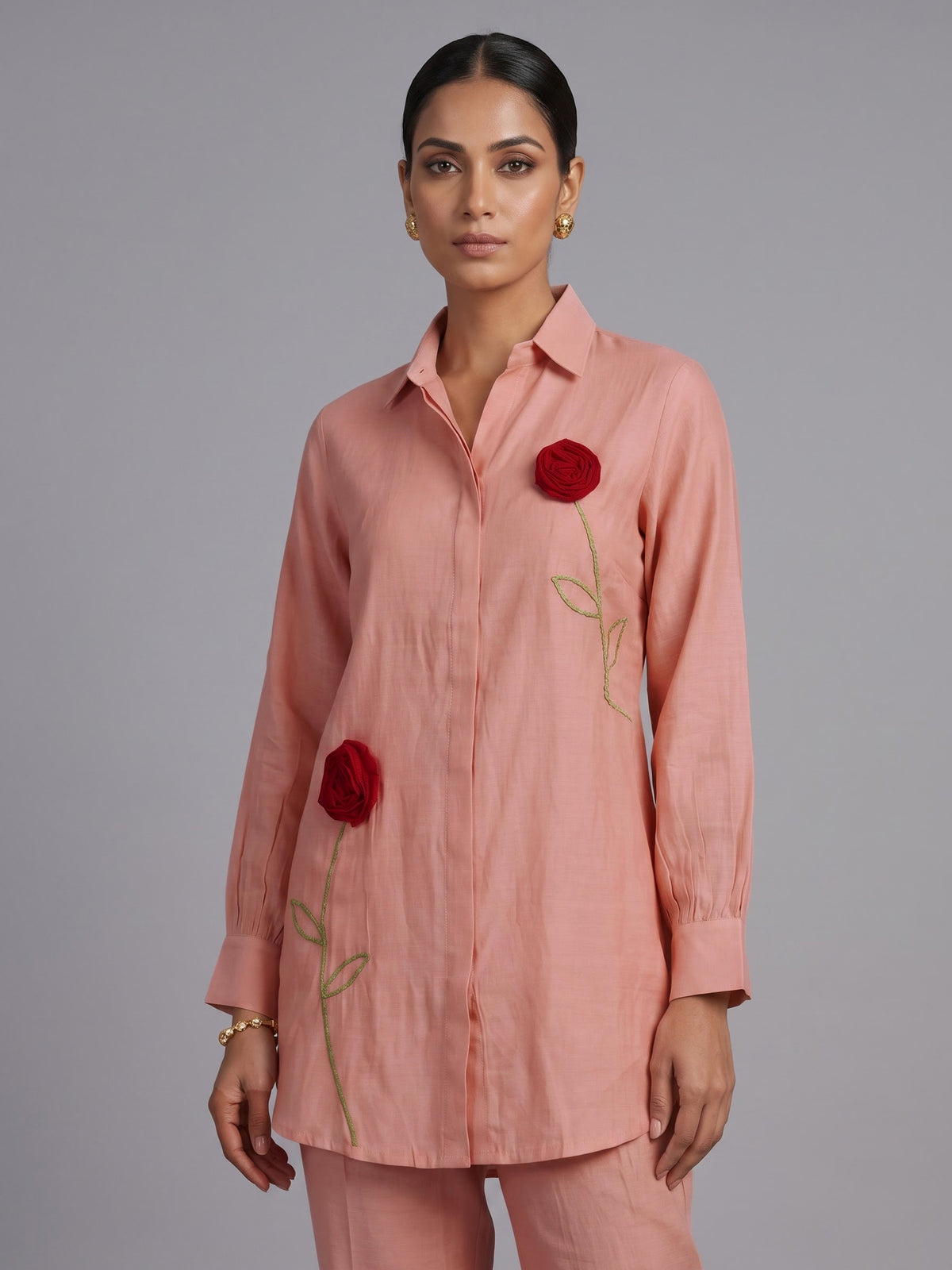 Elegant aqua blue linen co ord set with delicate threadwork