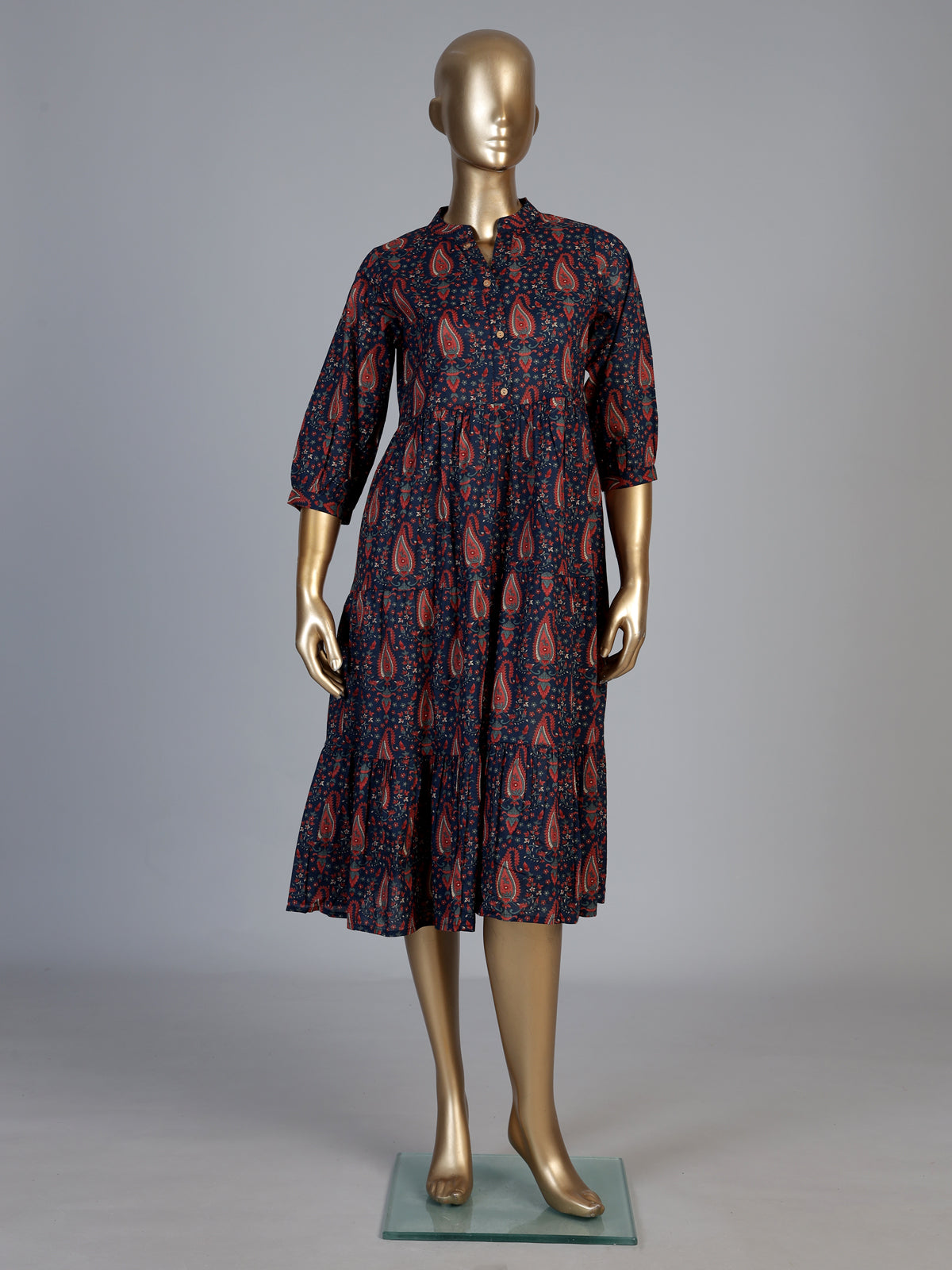 Navy cotton silk printed kurti with refined stand collar