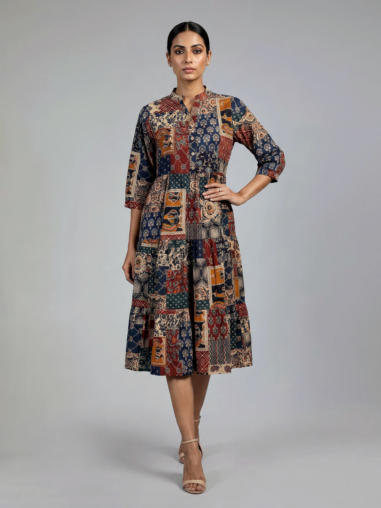 Multicolor cotton silk printed kurti with stand collar elegance