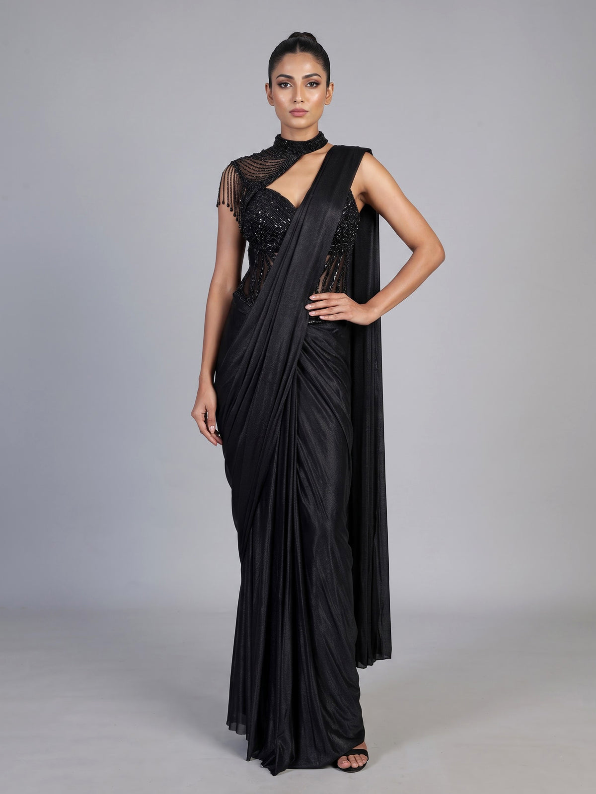 Enchanting black metallic shimmer lycra ready to wear saree