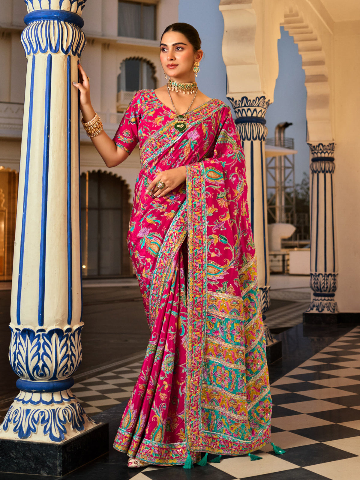 Multicolor crepe silk women bridal patola saree