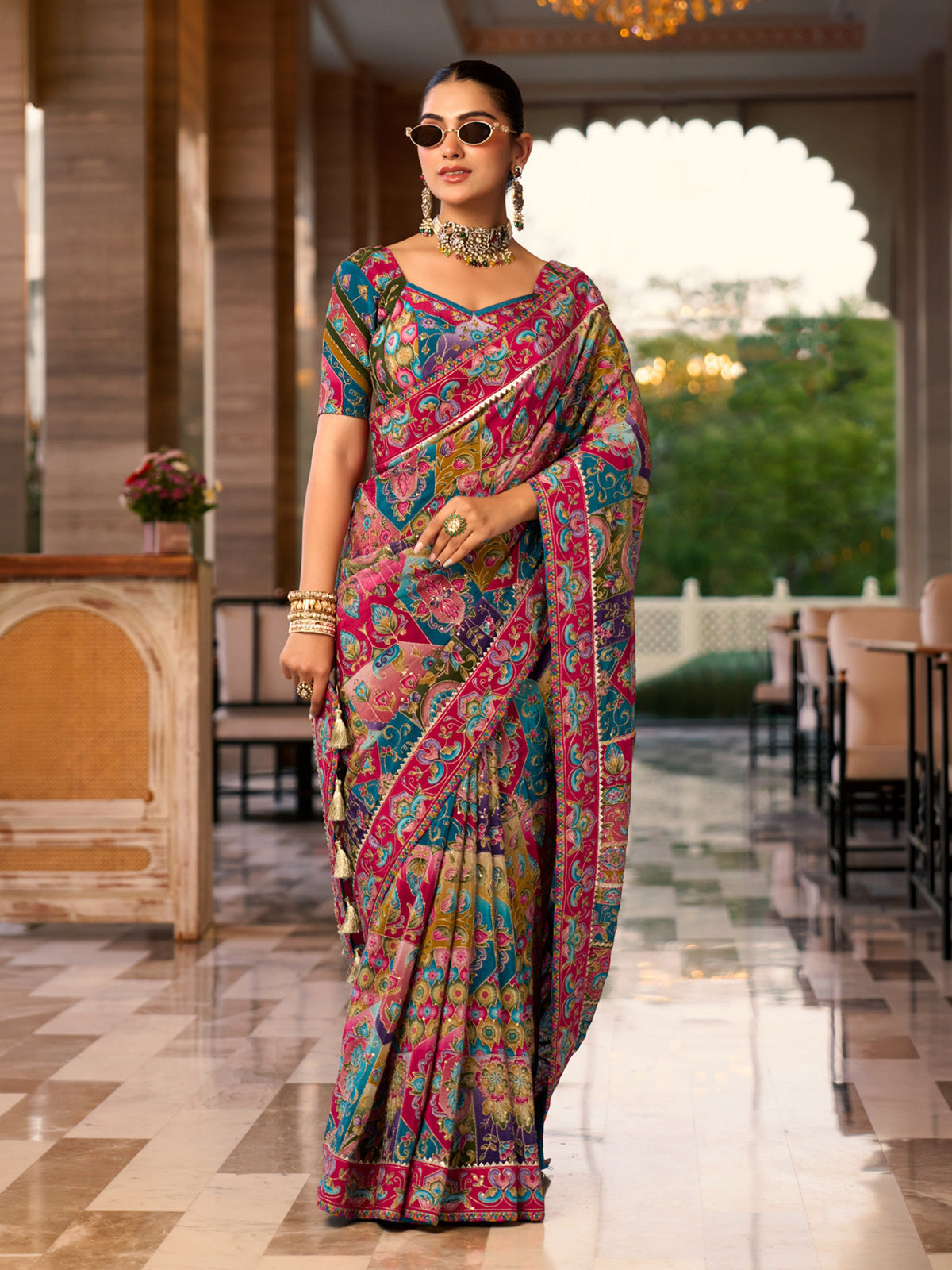 Multicolor crepe silk women regal patola print saree