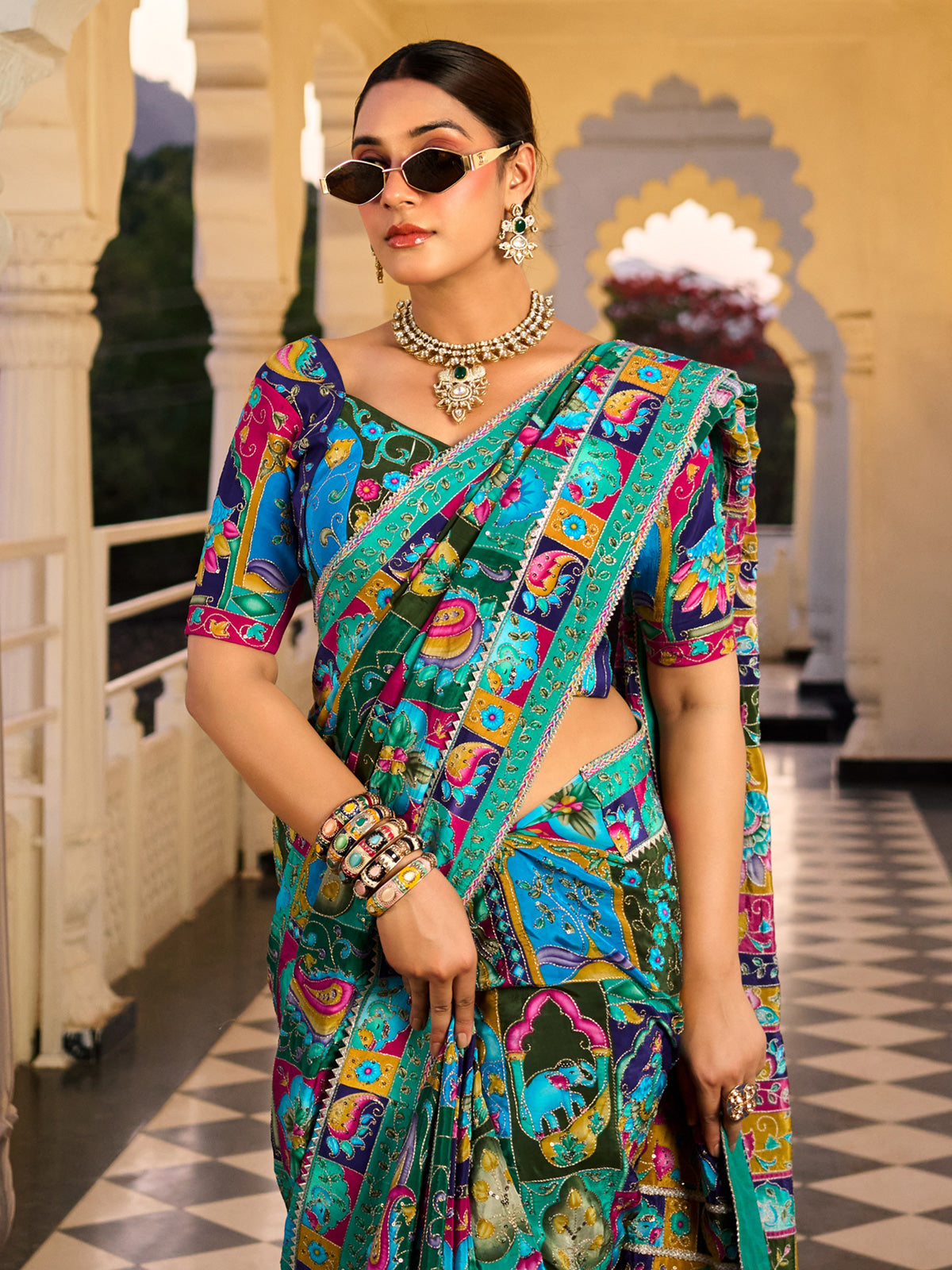Blue crepe silk women patan patola heritage saree
