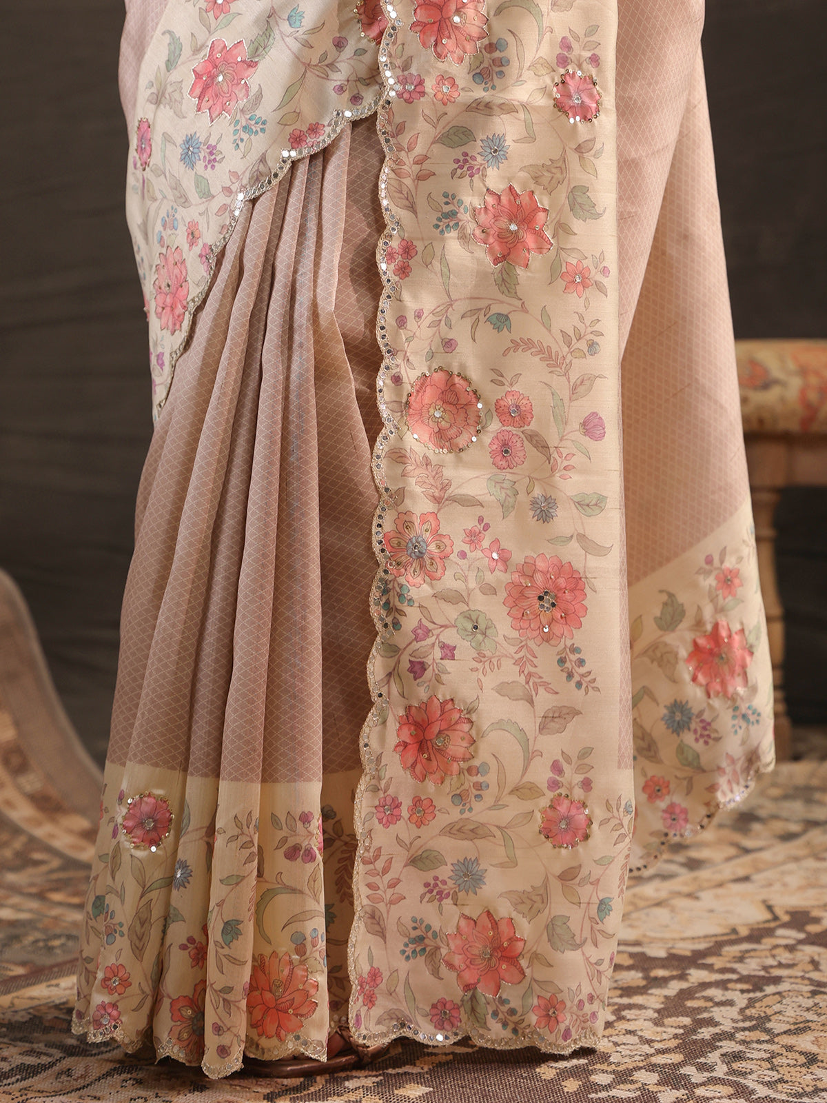 Lavender floral embellished tussar saree for women