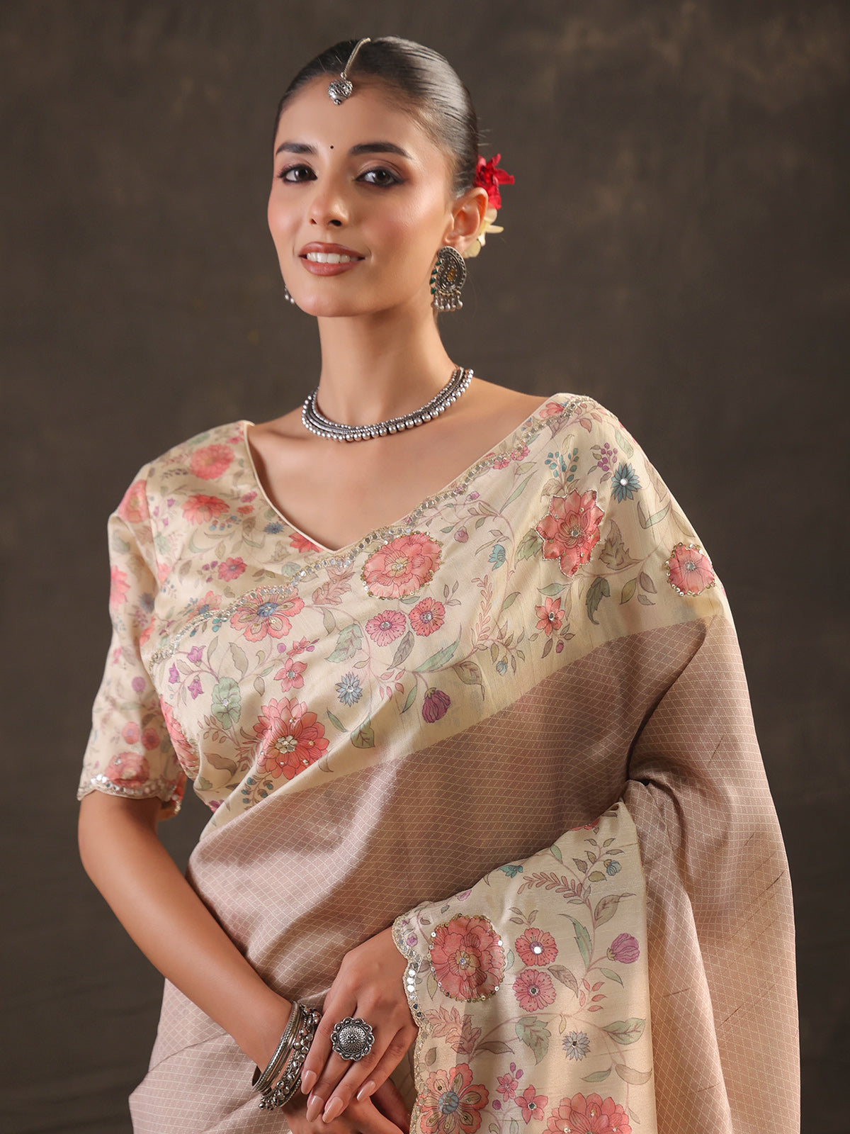 Lavender floral embellished tussar saree for women