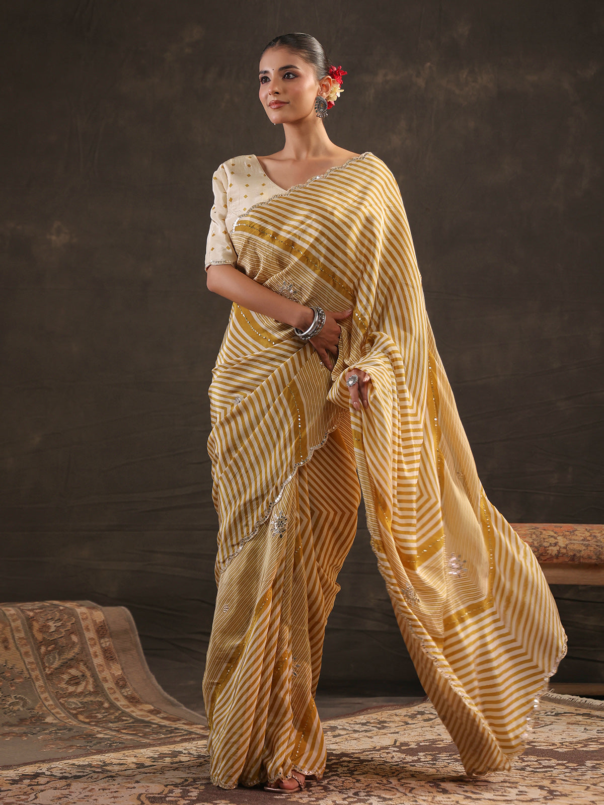Mustard yellow leheriya printed saree for women