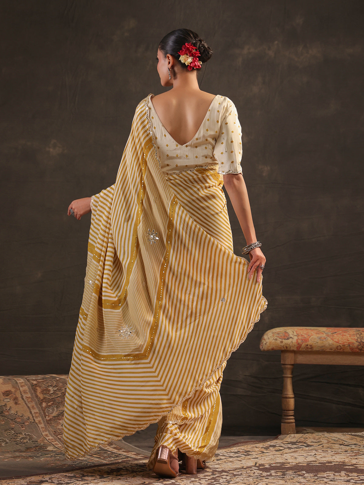 Mustard yellow leheriya printed saree for women