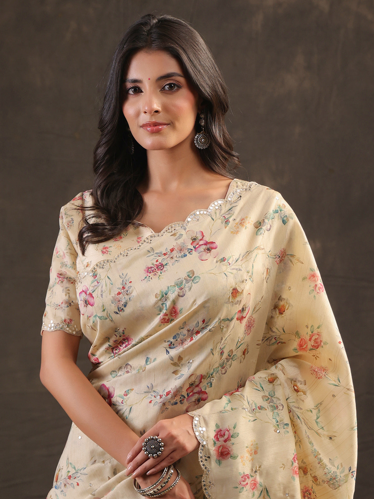 Butter cream botanical handwork saree for women